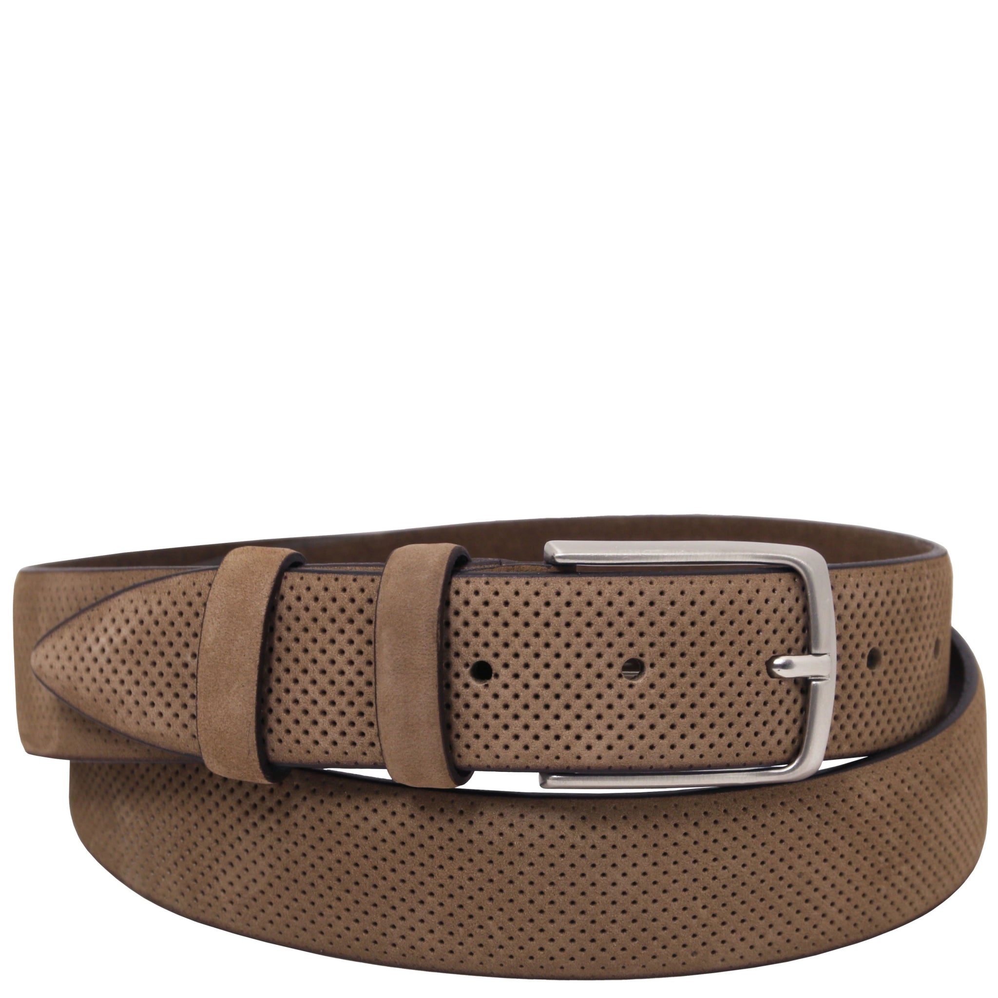 Taupe Perforated Nubuck Leather Belt | 35mm on white background