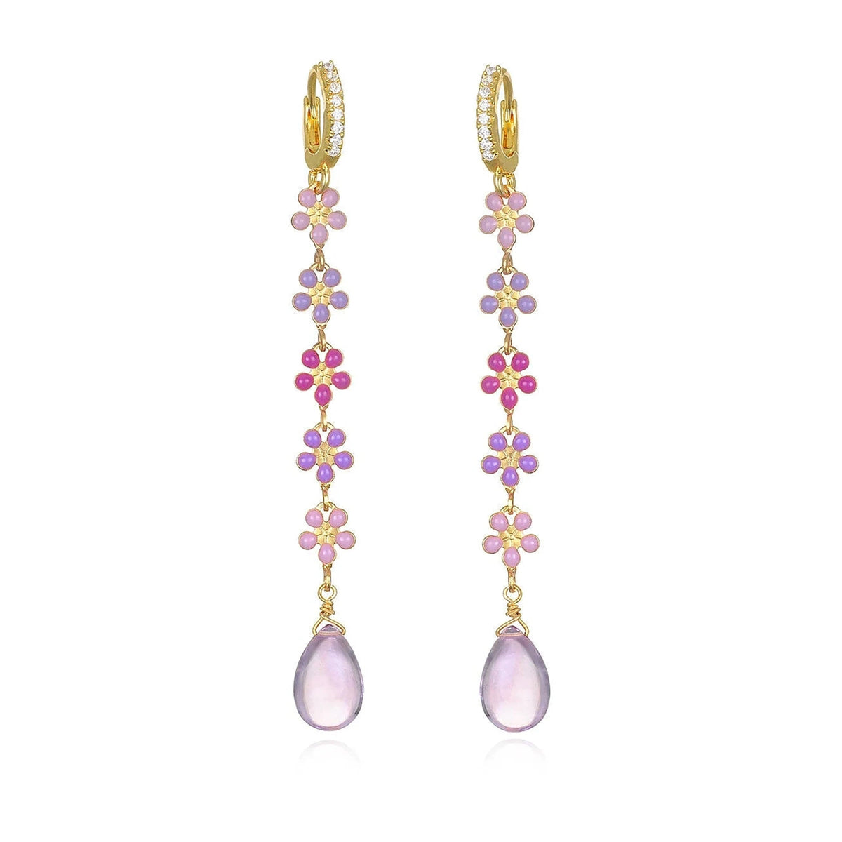Pink Amethyst Daisy Huggie Dangle Earrings - L'Atelier Global