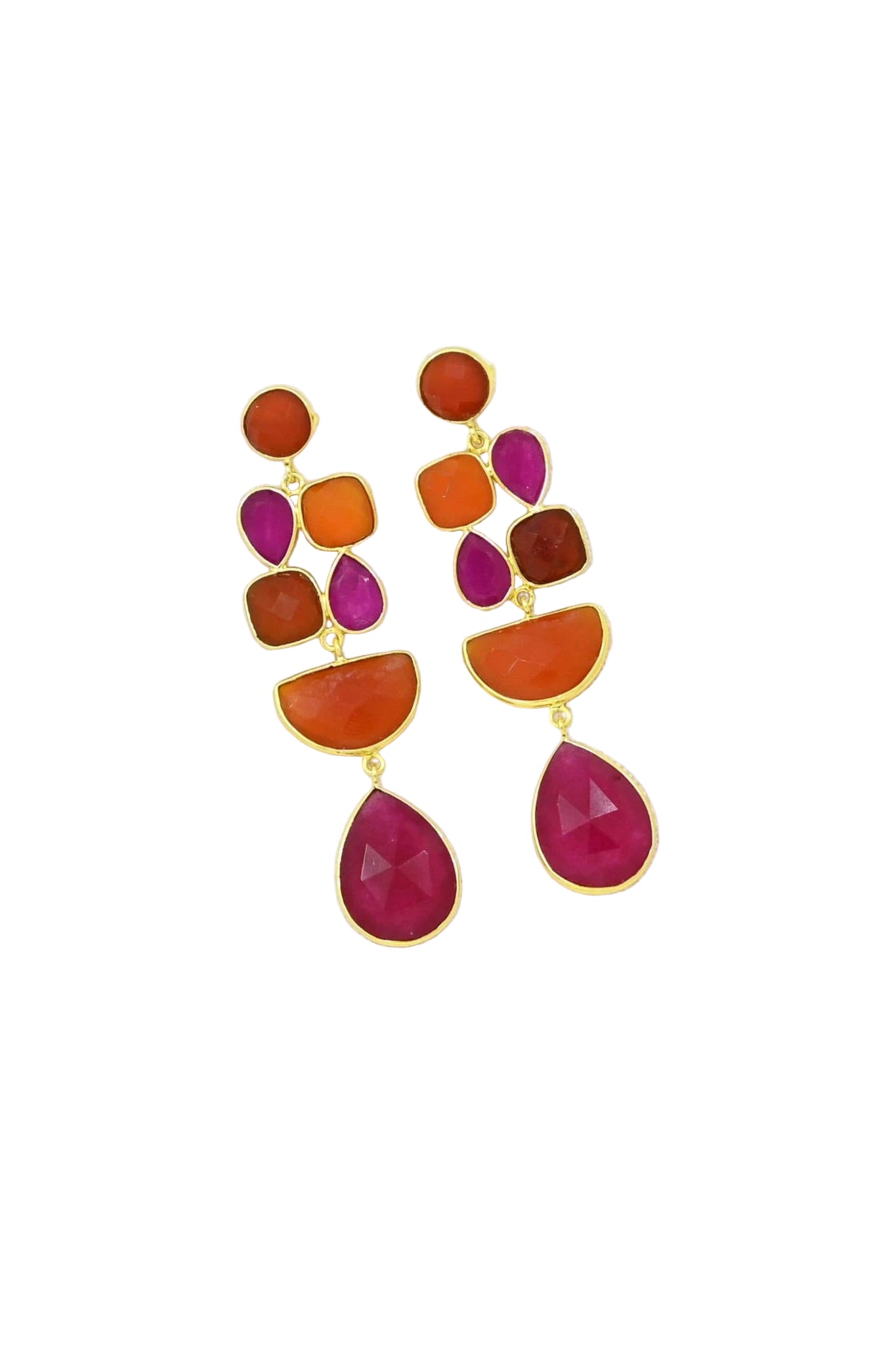 Angled view colorful earrings in pink and orange gemstones with gold accents 