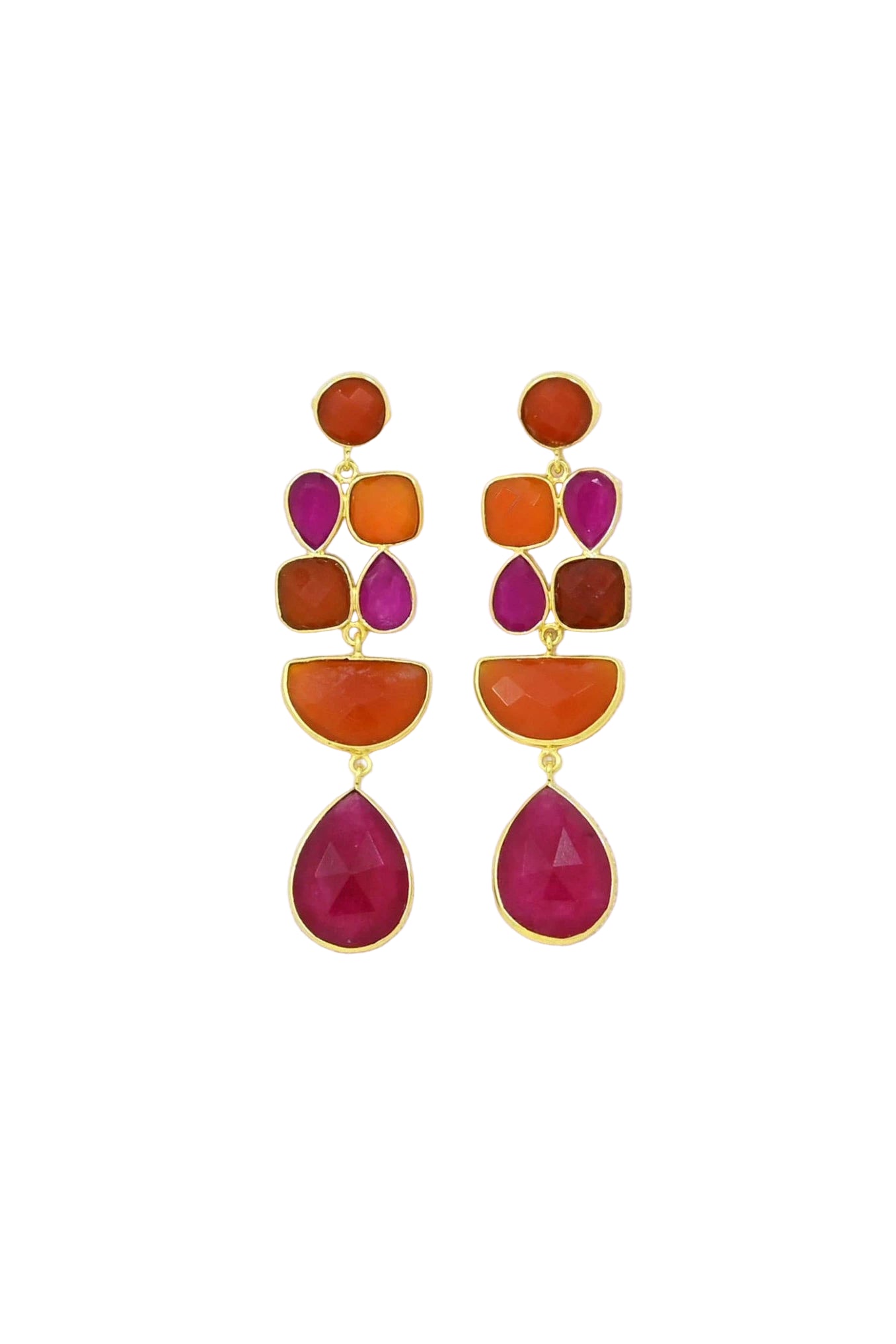 Colorful earrings in pink and orange with gemstones on a white background