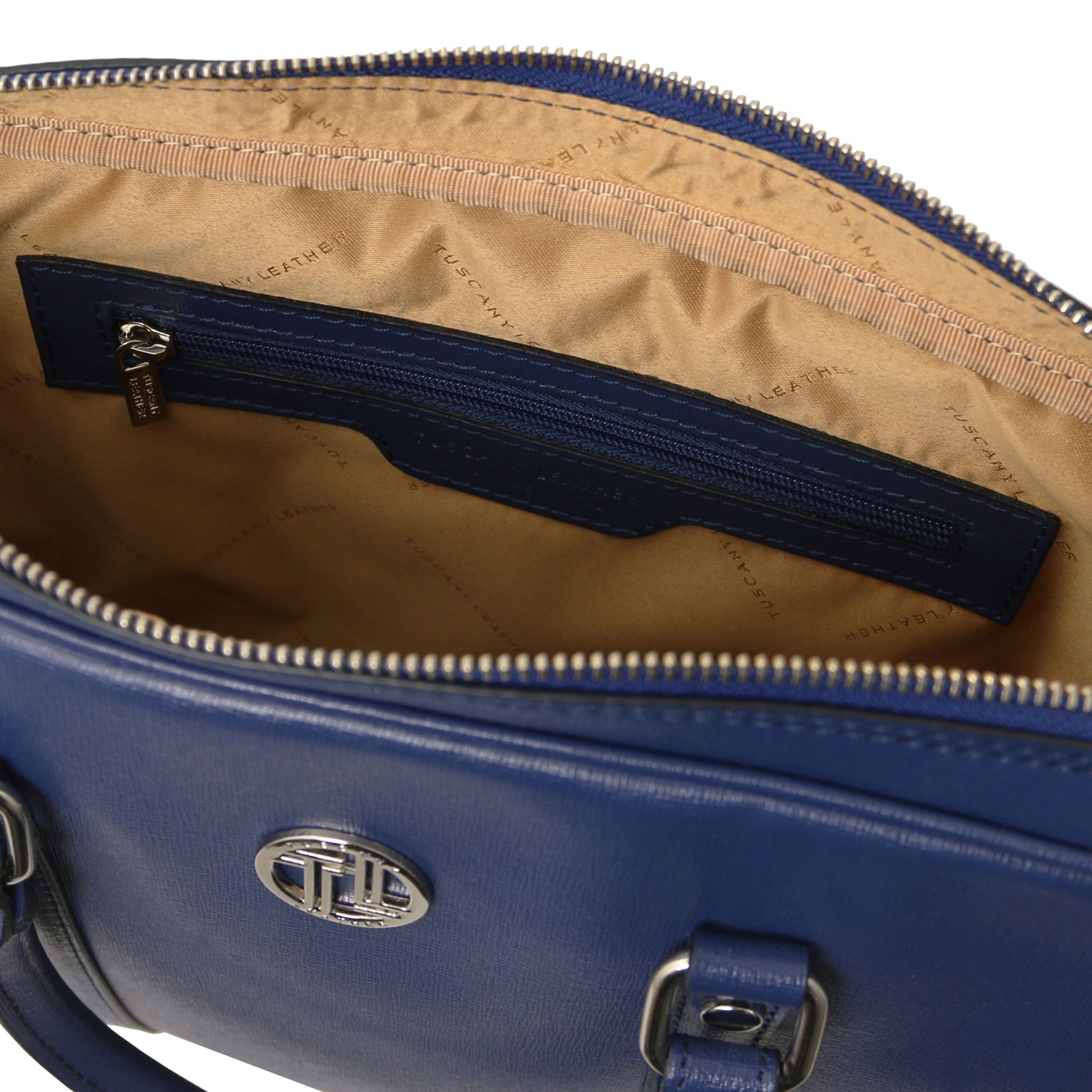 Prato Exclusive Saffiano Leather Laptop Case in dark blue, interior view of zippered pocket, beige lining