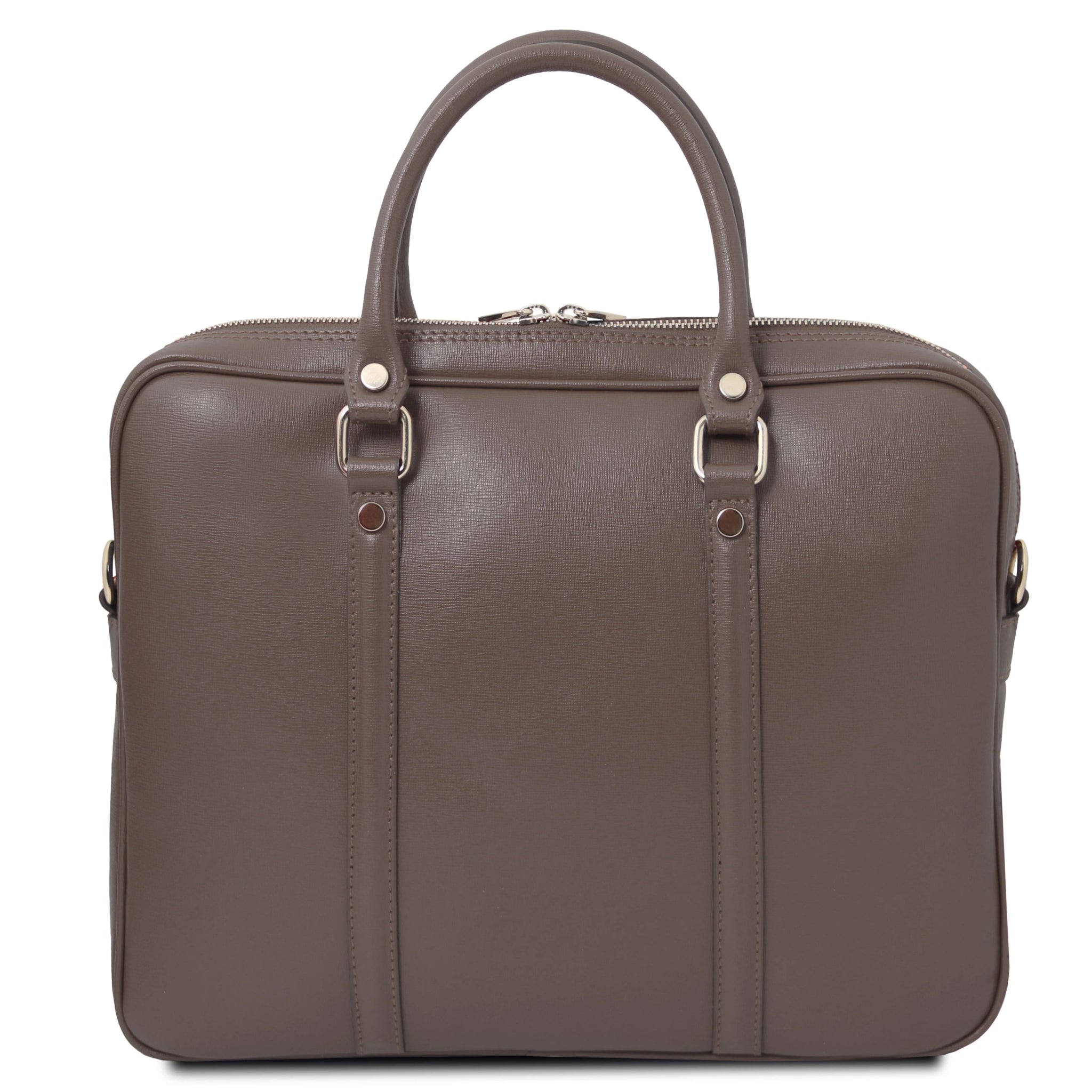 Prato Exclusive Saffiano Leather Laptop Case in dark taupe, back view, white background