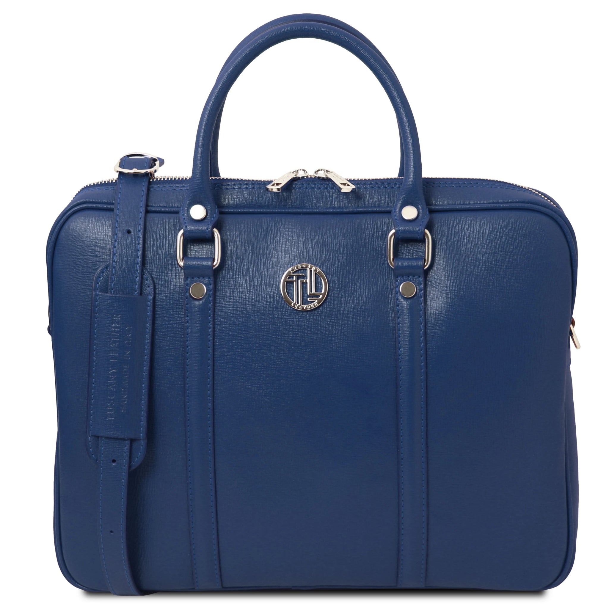 Prato Exclusive Saffiano Leather Laptop Case in dark blue, front view, white background