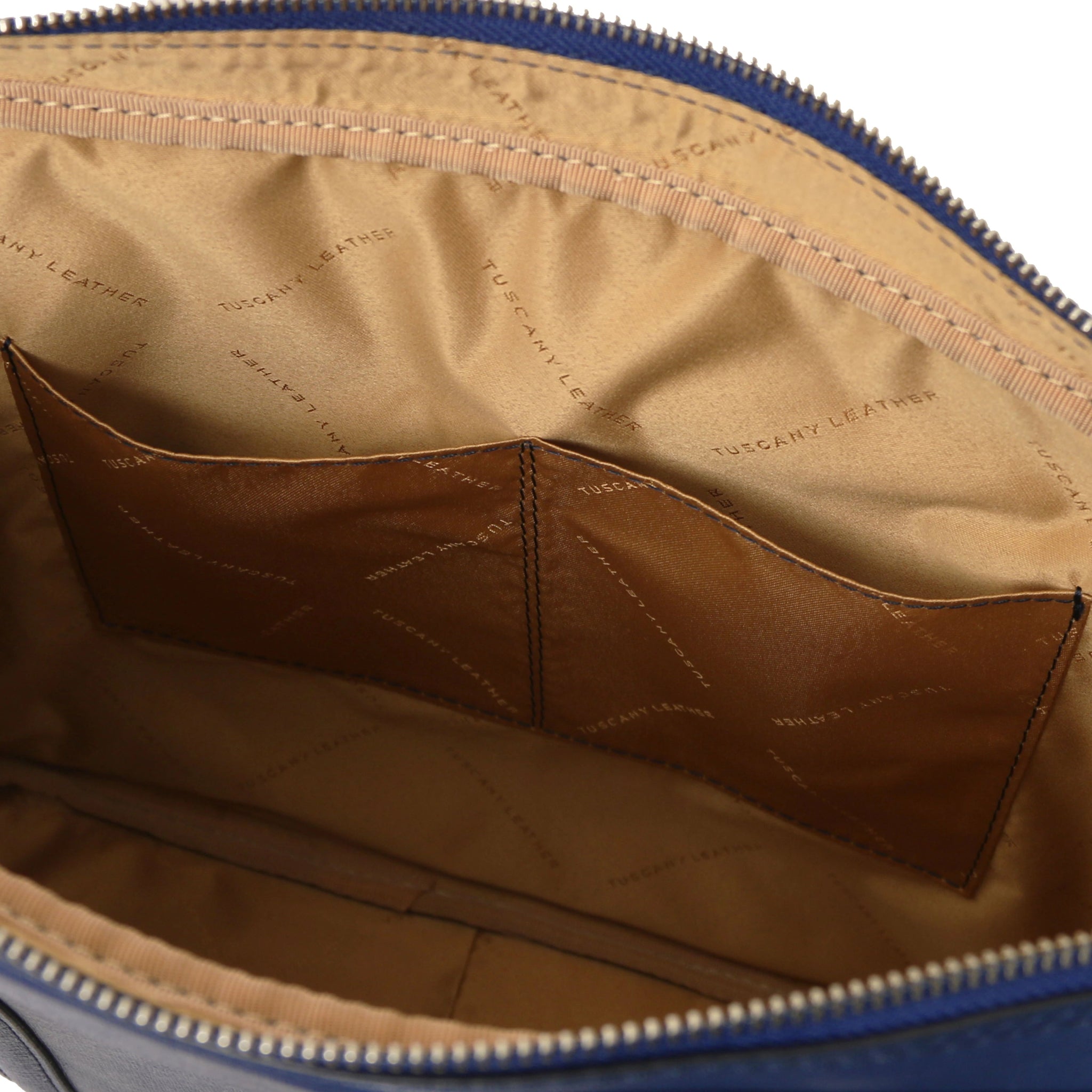 Prato Exclusive Saffiano Leather Laptop Case in dark blue interior view of zippered pocket, beige lining