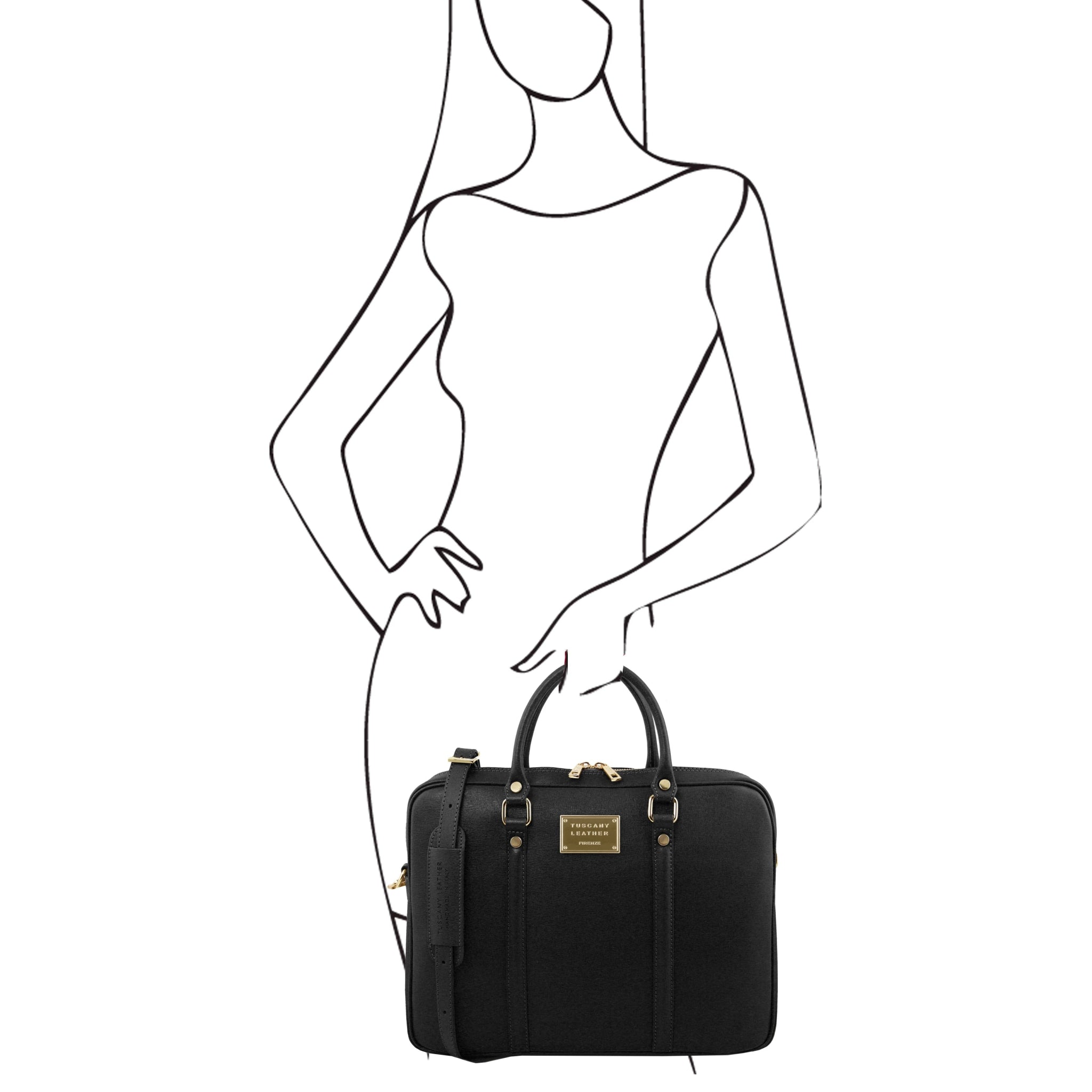 Prato Exclusive Saffiano Leather Laptop Case in blck, sketch of a model holding bag to show scale 