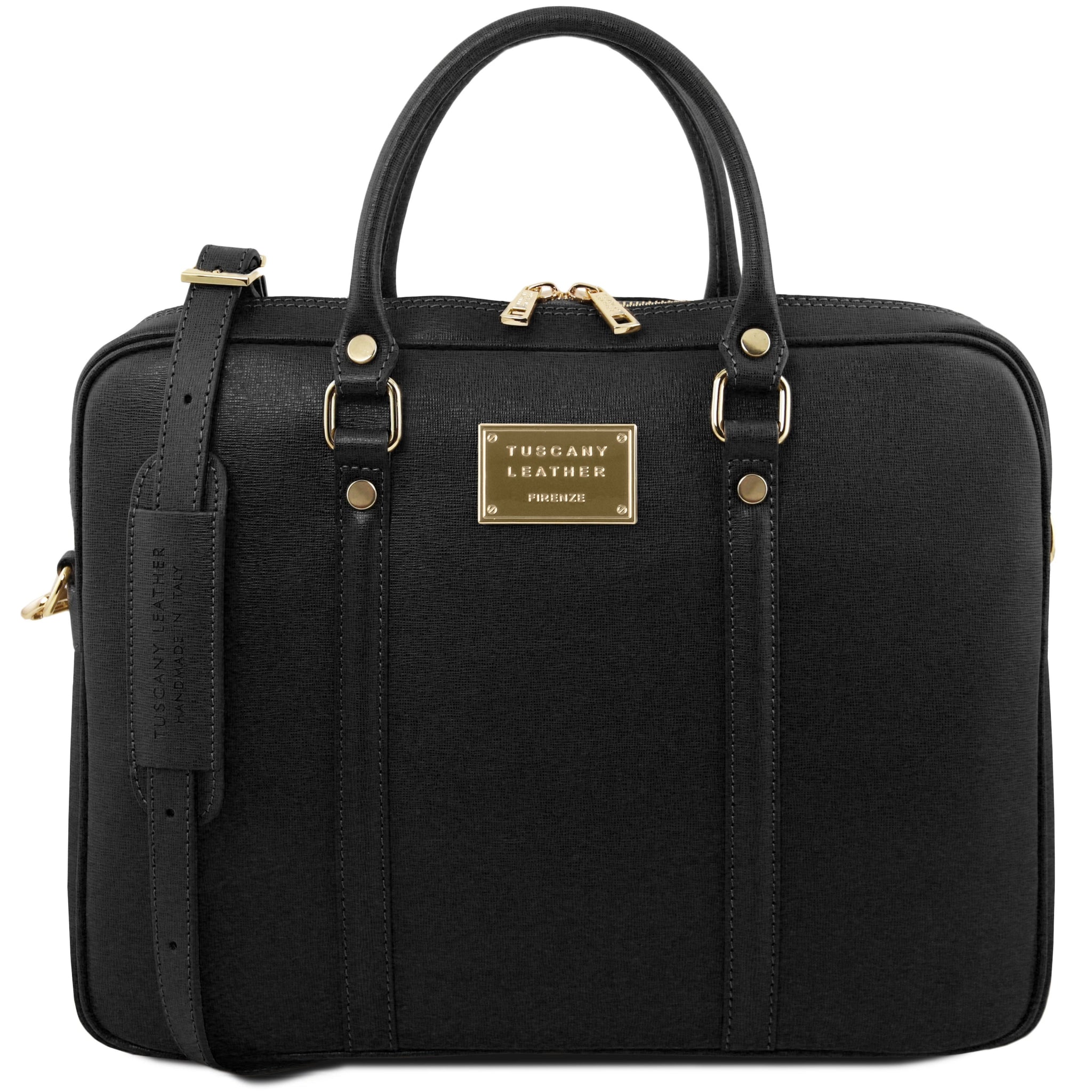 Prato Exclusive Saffiano Leather Laptop Case in black, front view, white background-