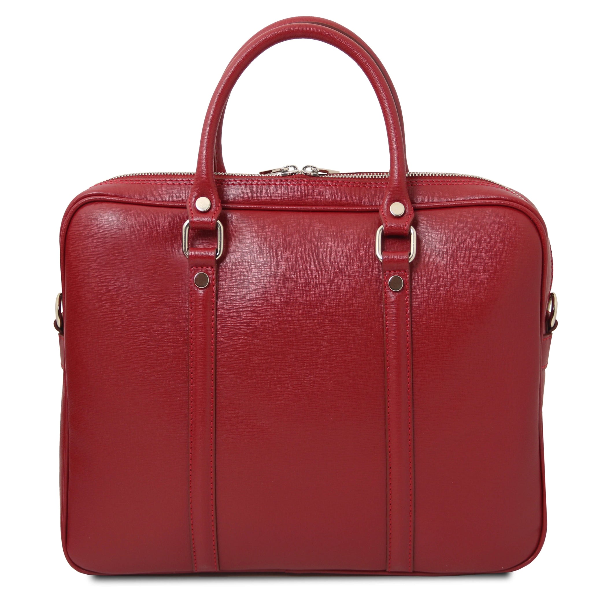 Prato Exclusive Saffiano Leather Laptop Case in red, back view, white background