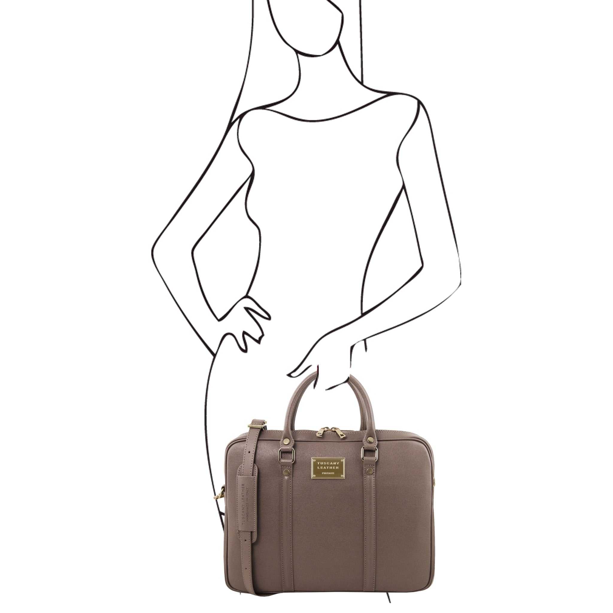 Prato Exclusive Saffiano Leather Laptop Case in dark taupe, sketch of a model holding bag to show scale 