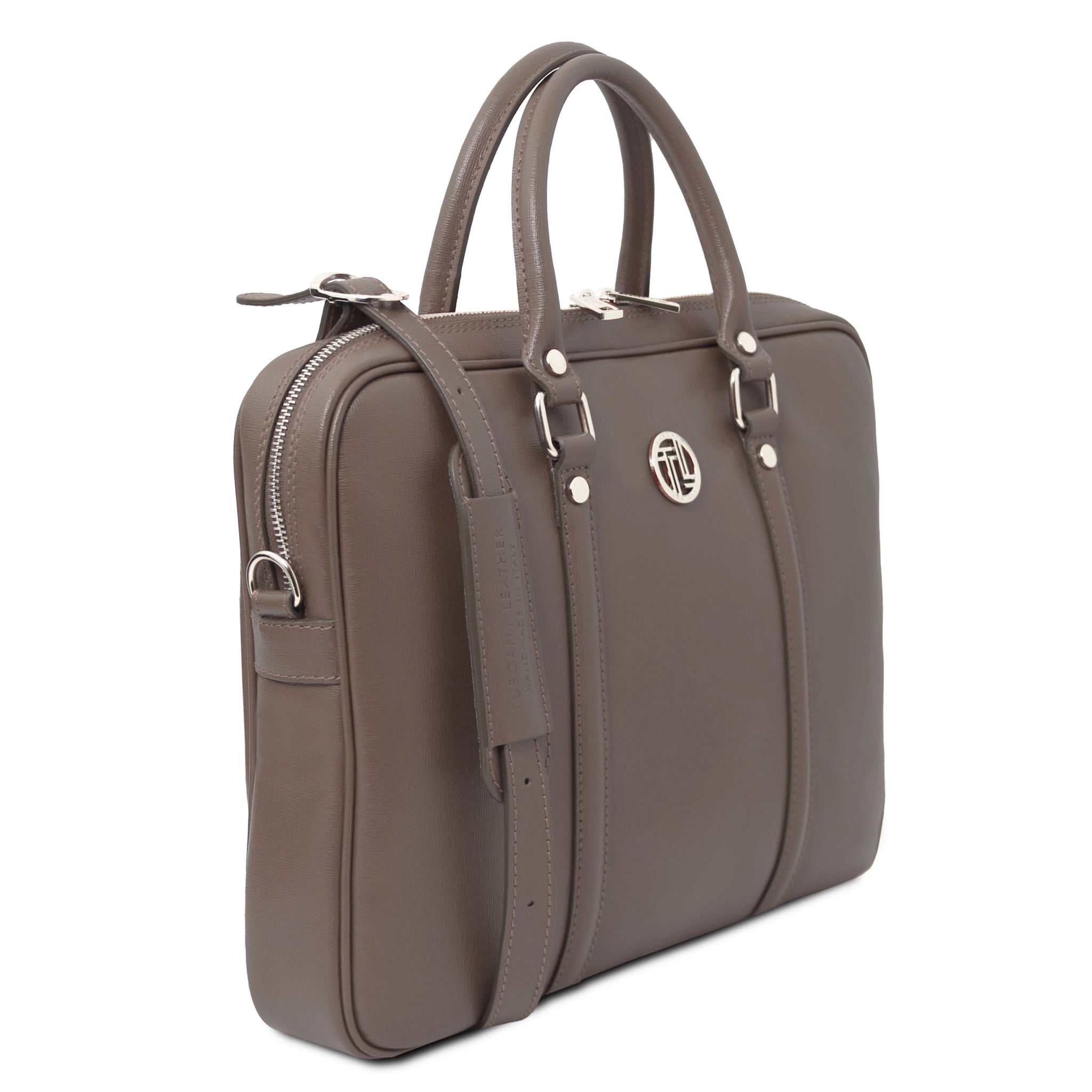 Front angled view Prato Saffiano Italian Leather Laptop Case in dark taupe