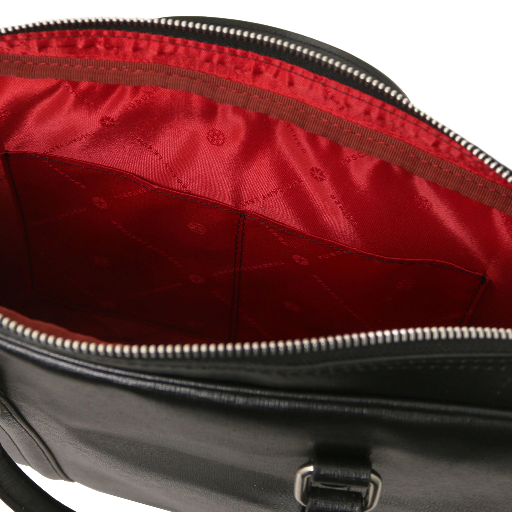Interior open pocket view Prato Saffiano Italian Leather Laptop Case in black with red lining