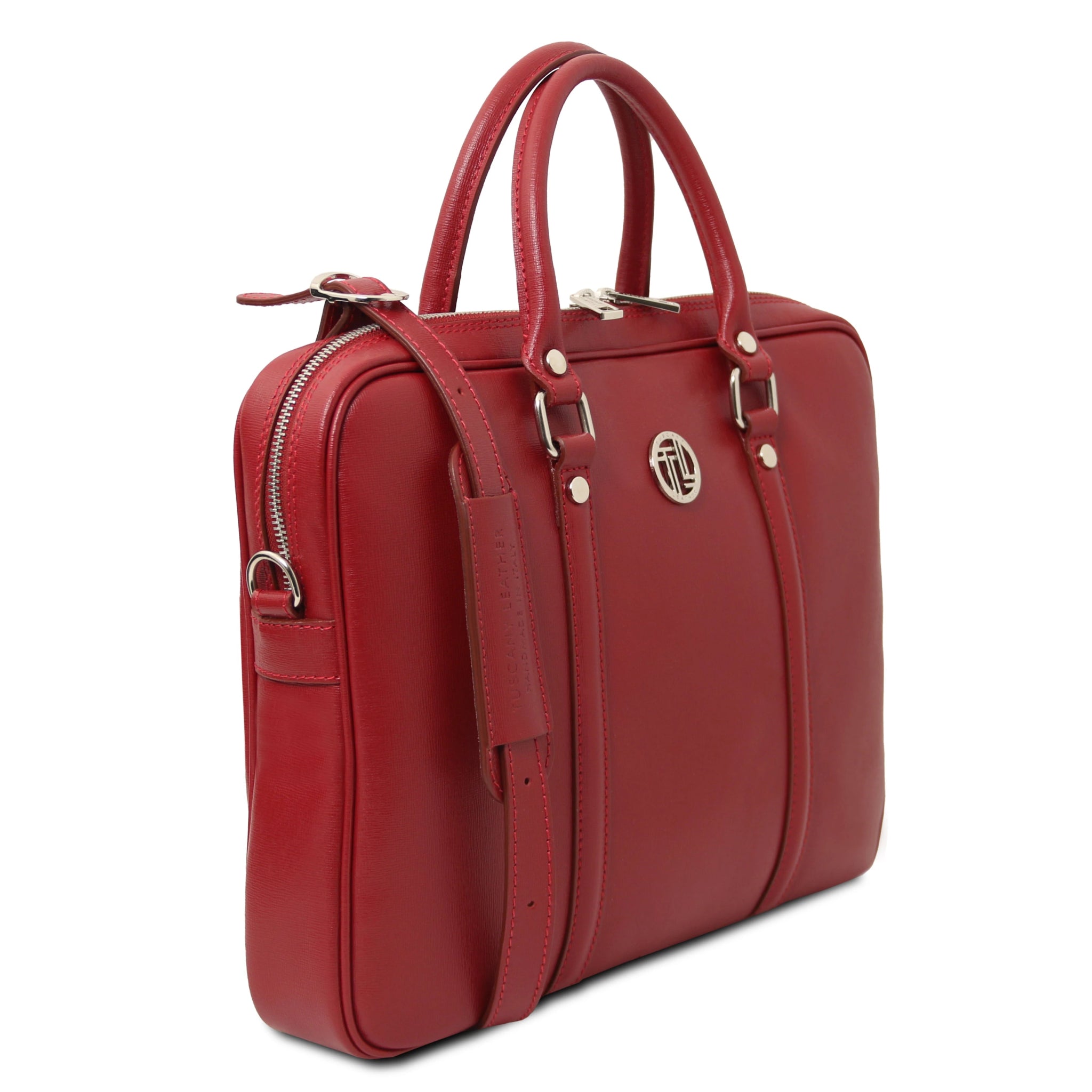 Front angled view Prato Saffiano Italian Leather Laptop Case in red