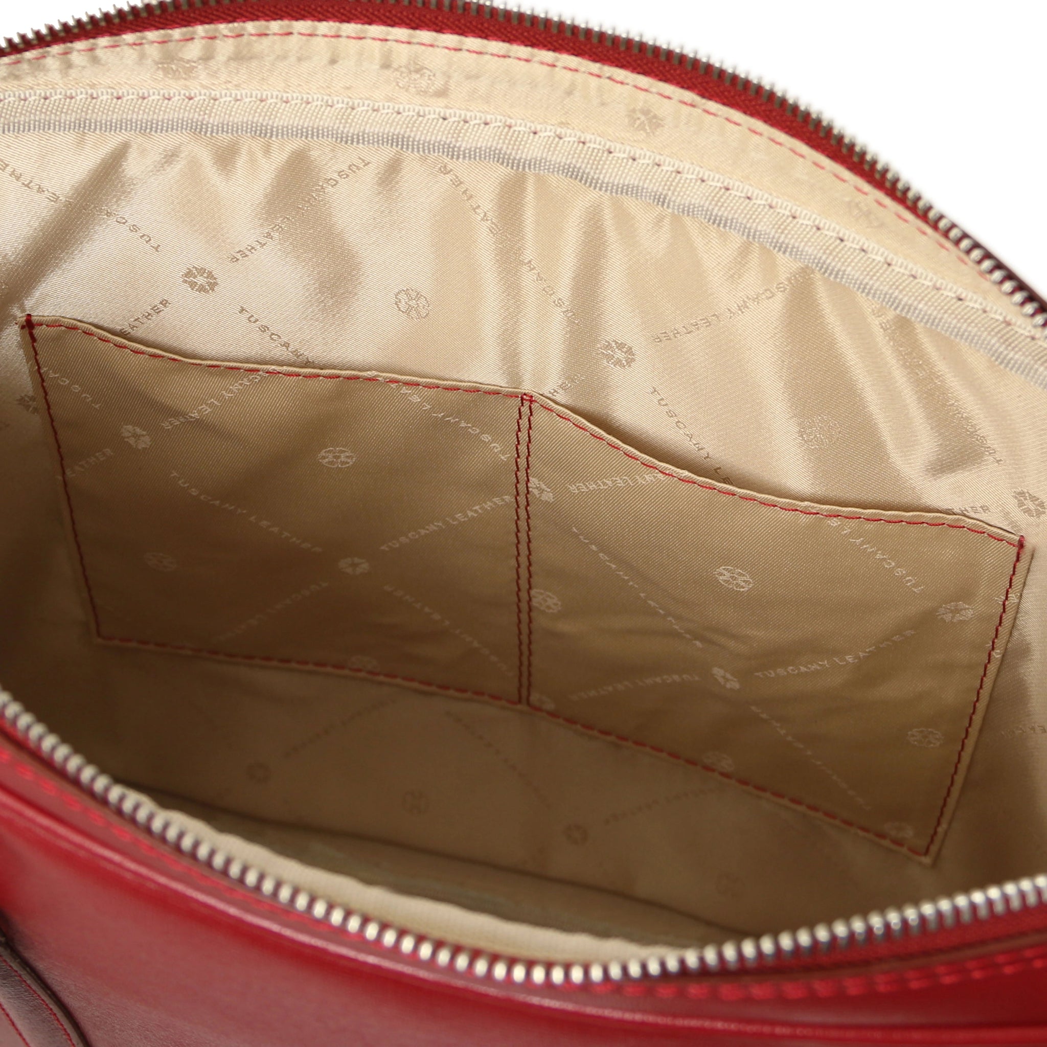 Interior open pocket view Prato Saffiano Italian Leather Laptop Case in red with red lining