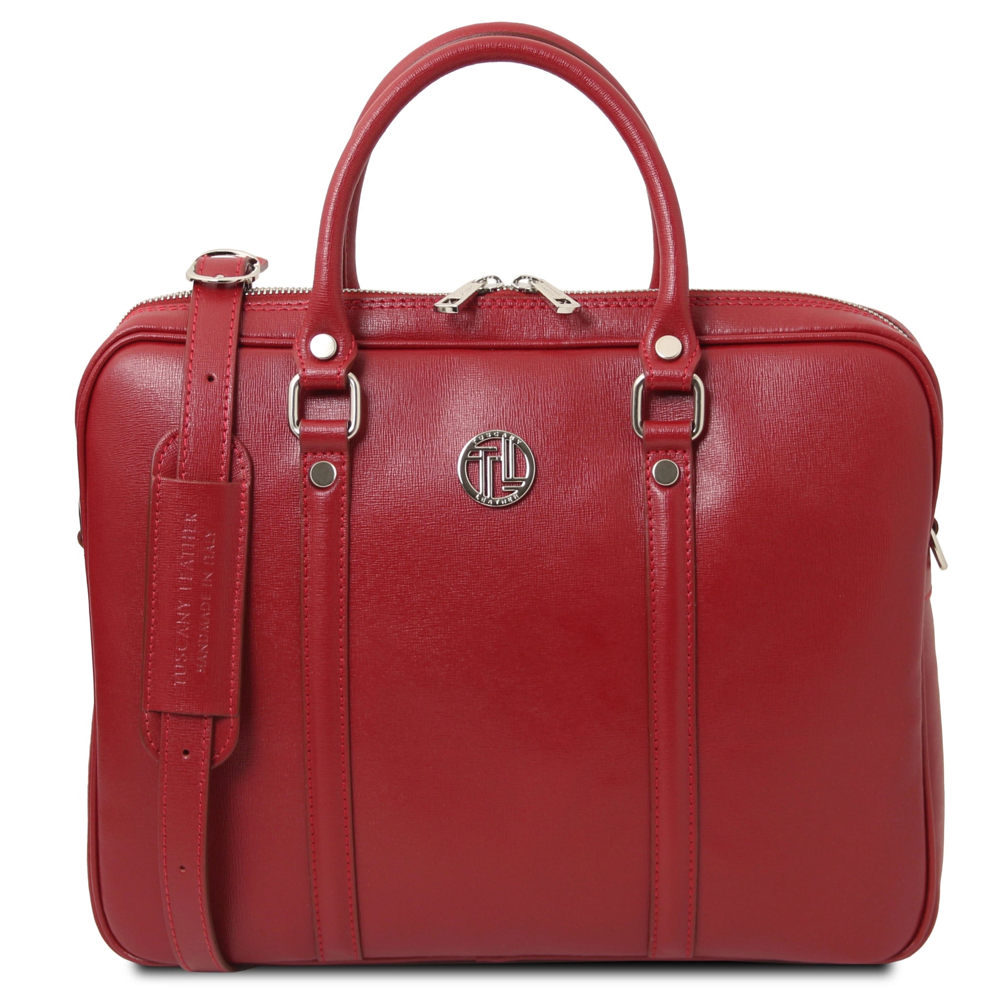 Front view Prato Saffiano Italian Leather Laptop Case in red