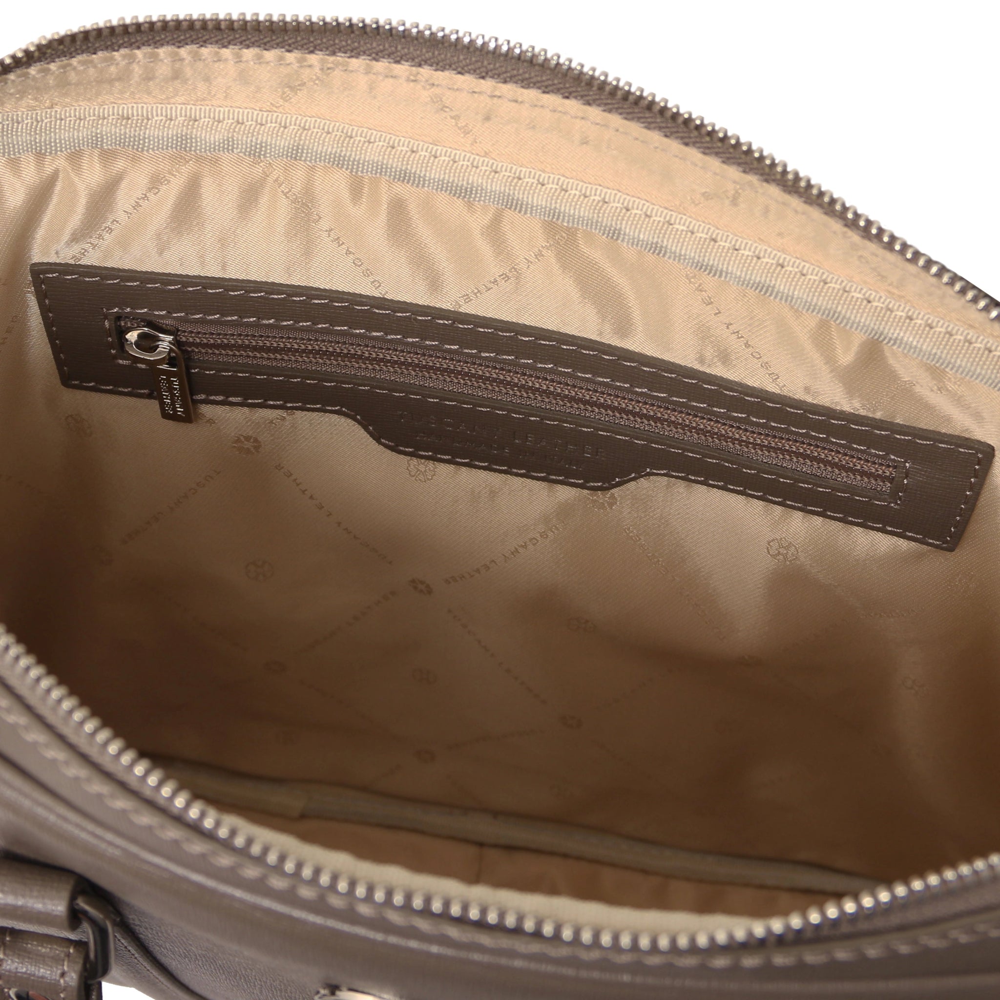 Interior zip pocket view Prato Saffiano Italian Leather Laptop Case in dark taupe with beige lining