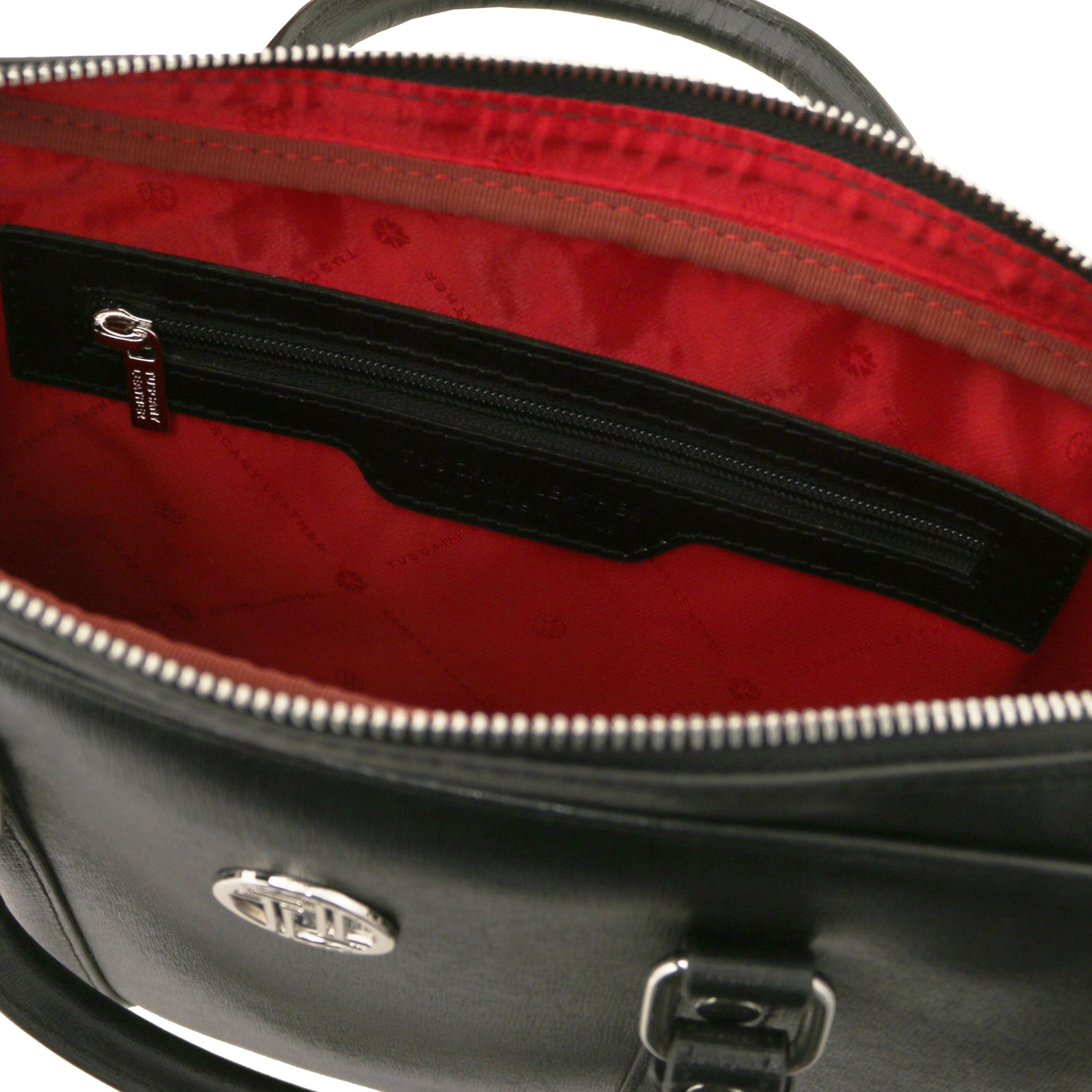 Interior zip pocket view Prato Saffiano Italian Leather Laptop Case in black with red lining