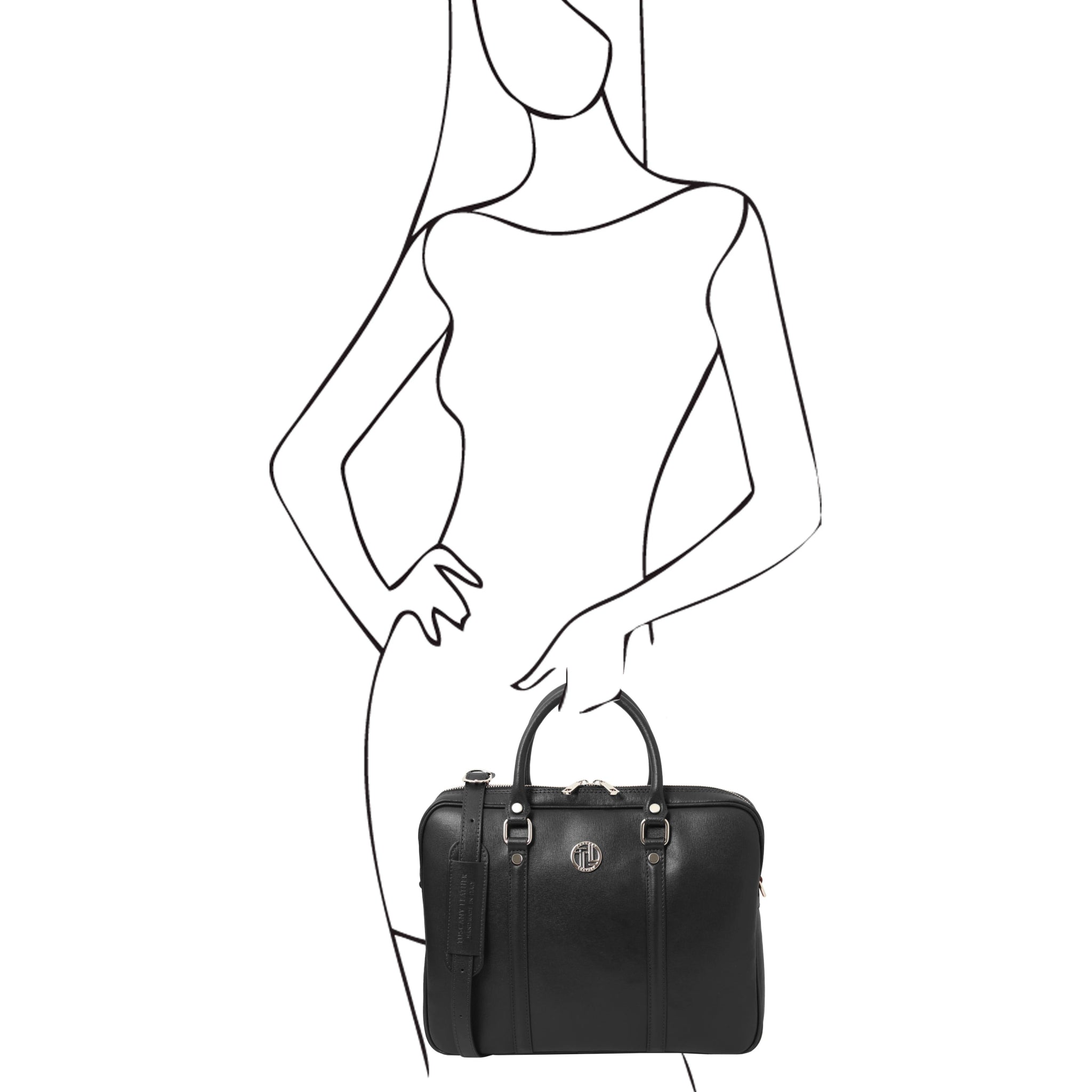 Sketch of woman holding the Prato Saffiano Italian Leather Laptop Case in black