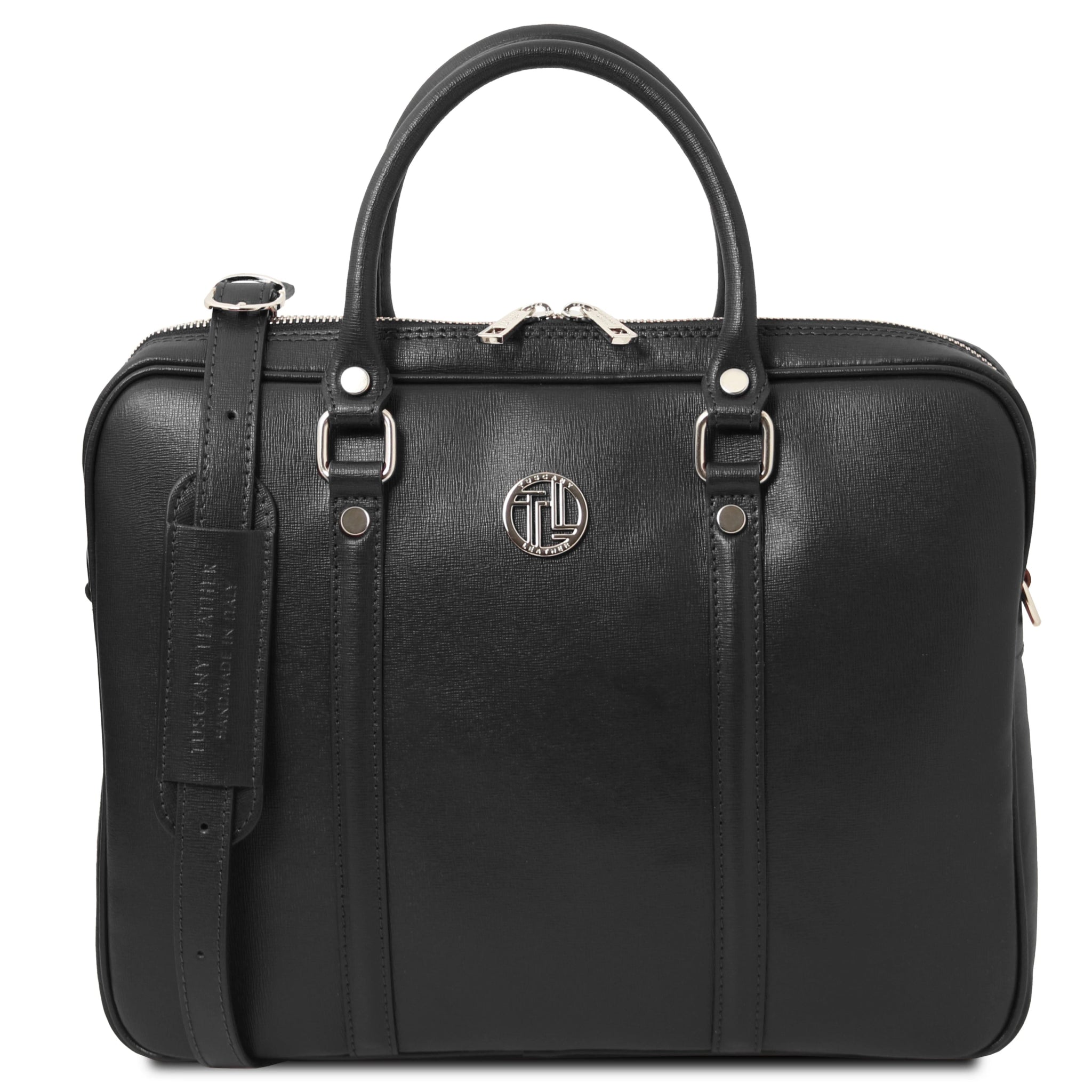 Back view Prato Saffiano Italian Leather Laptop Case in black