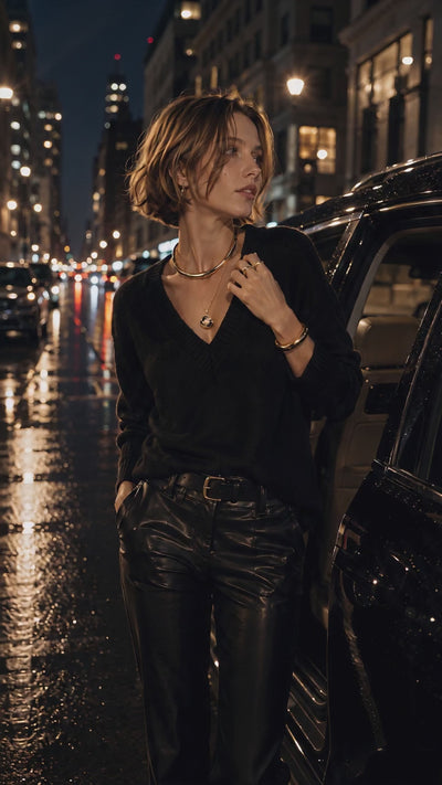 A woman wearing a black sweater, black leather pants and gold jewelry walking NYC at night