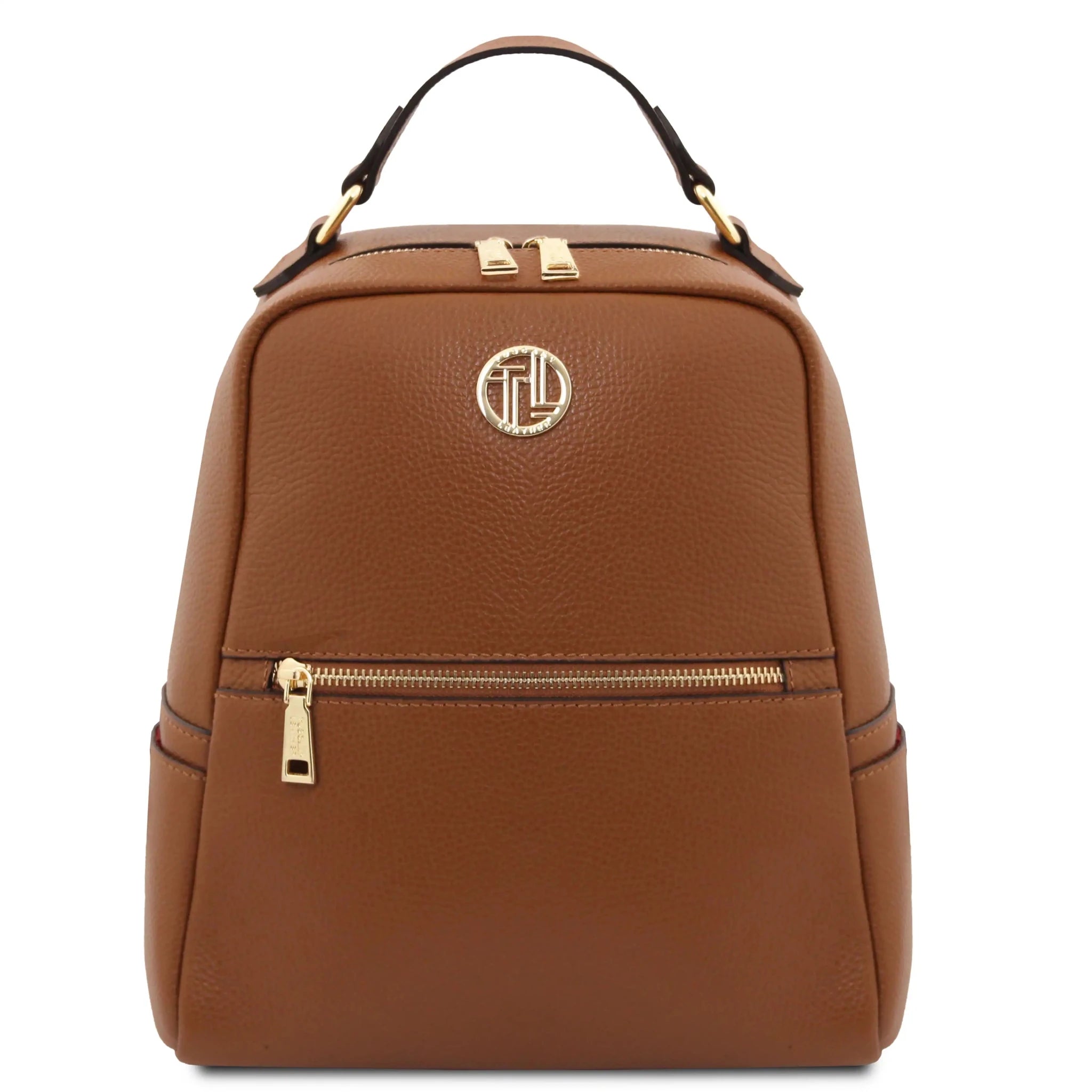 Front view Prisma Italian Soft Leather Backpack in cognac