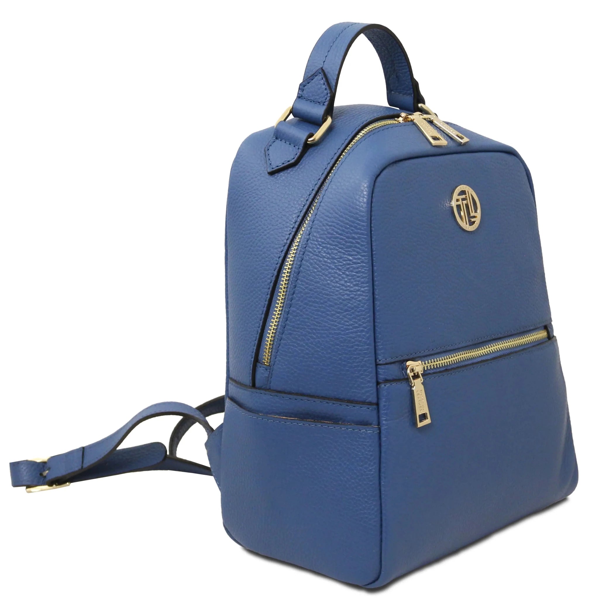 Front angled view Prisma Italian Soft Leather Backpack in denim