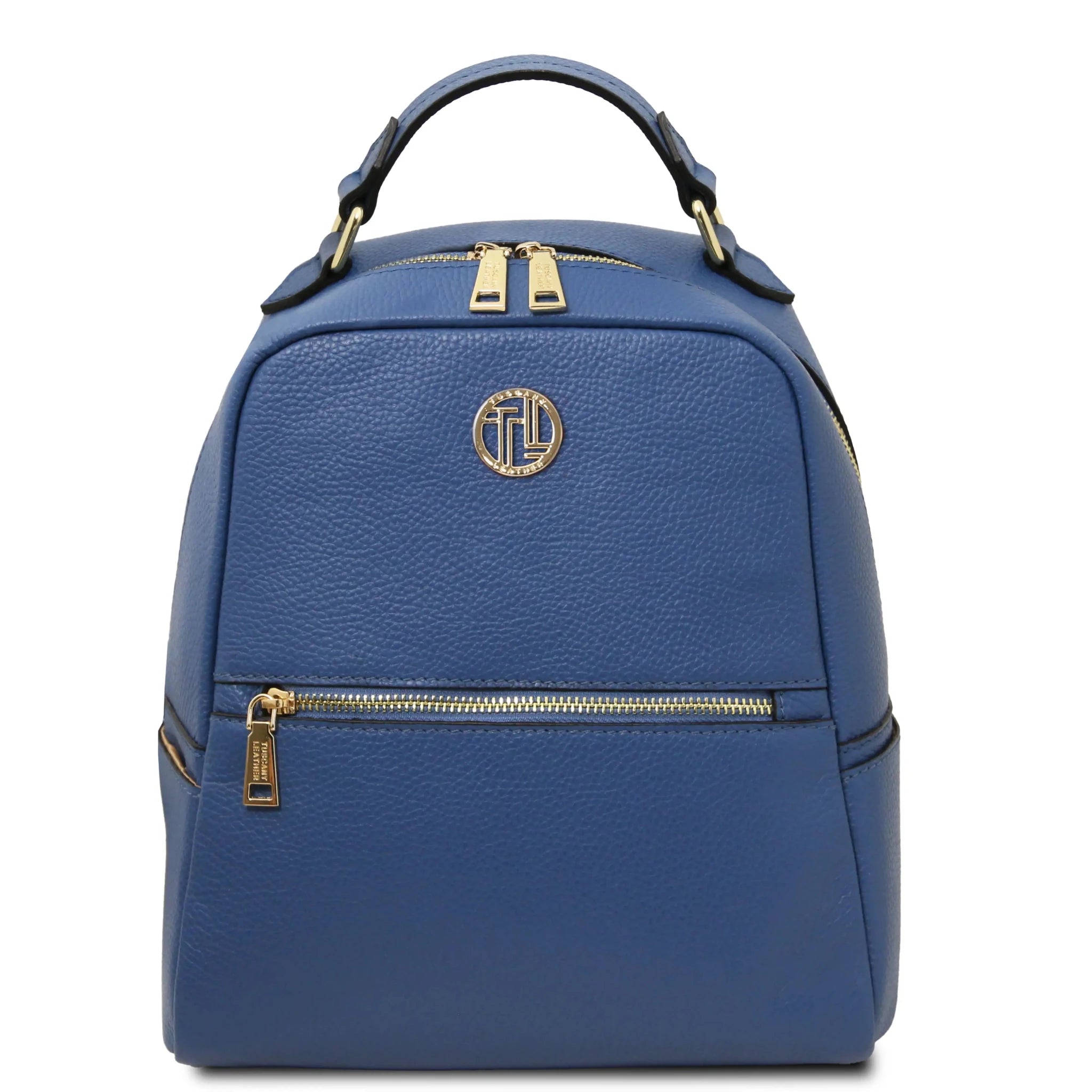 Front view Prisma Italian Soft Leather Backpack in denim
