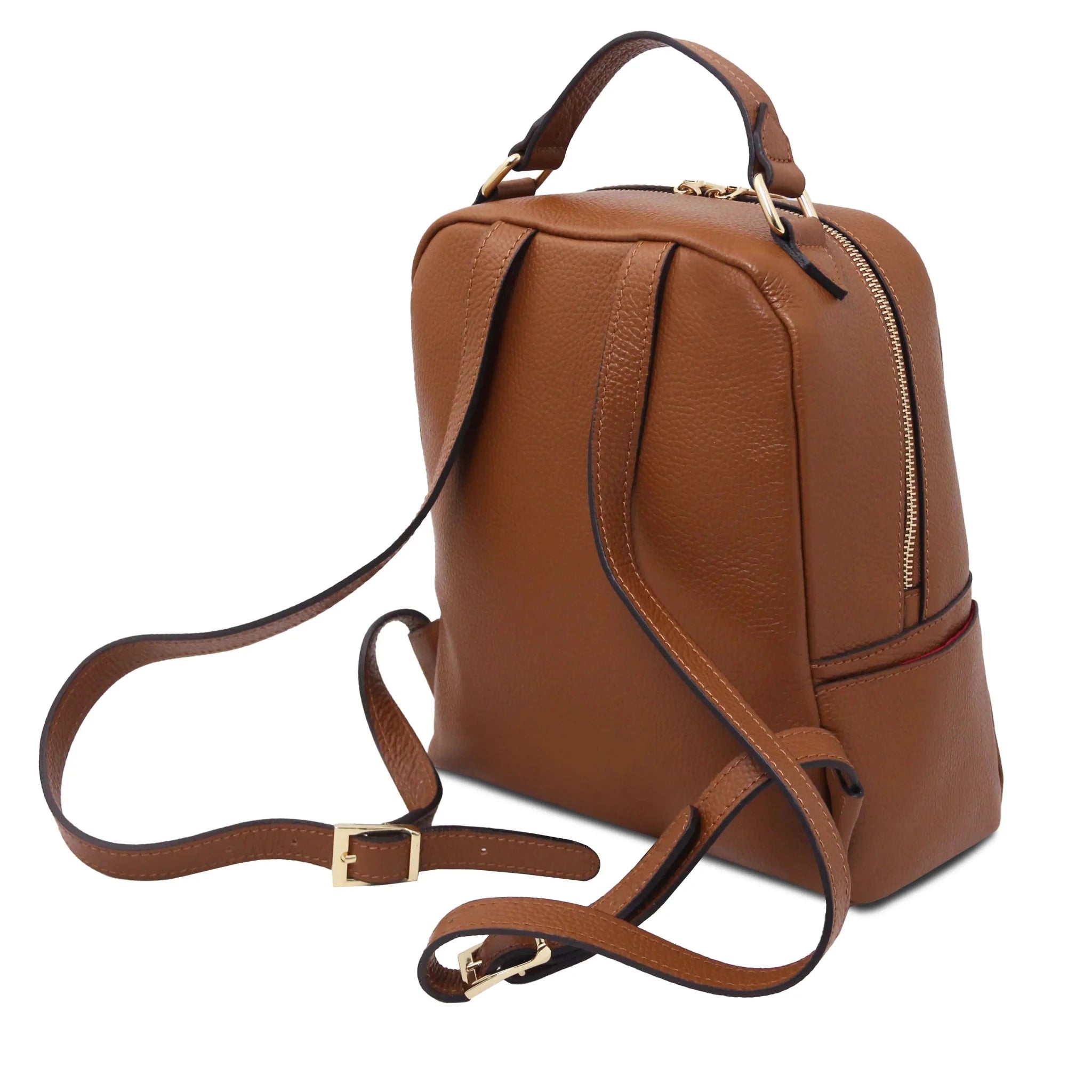 Back view Prisma Italian Soft Leather Backpack in cognac