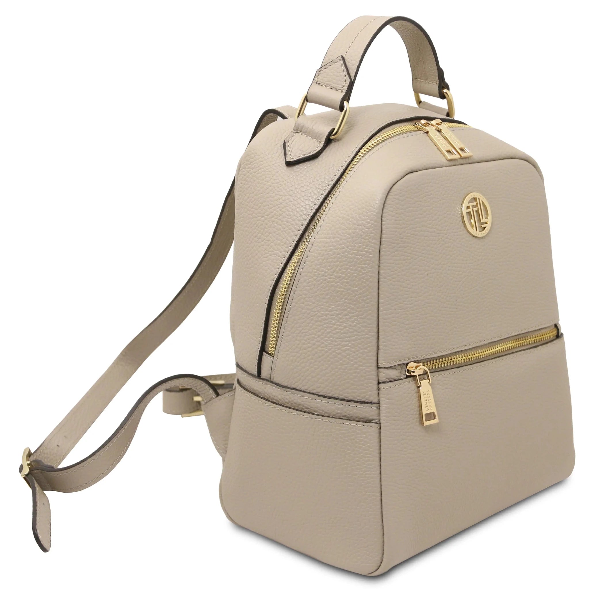 Front angled view Prisma Italian Soft Leather Backpack in light taupe