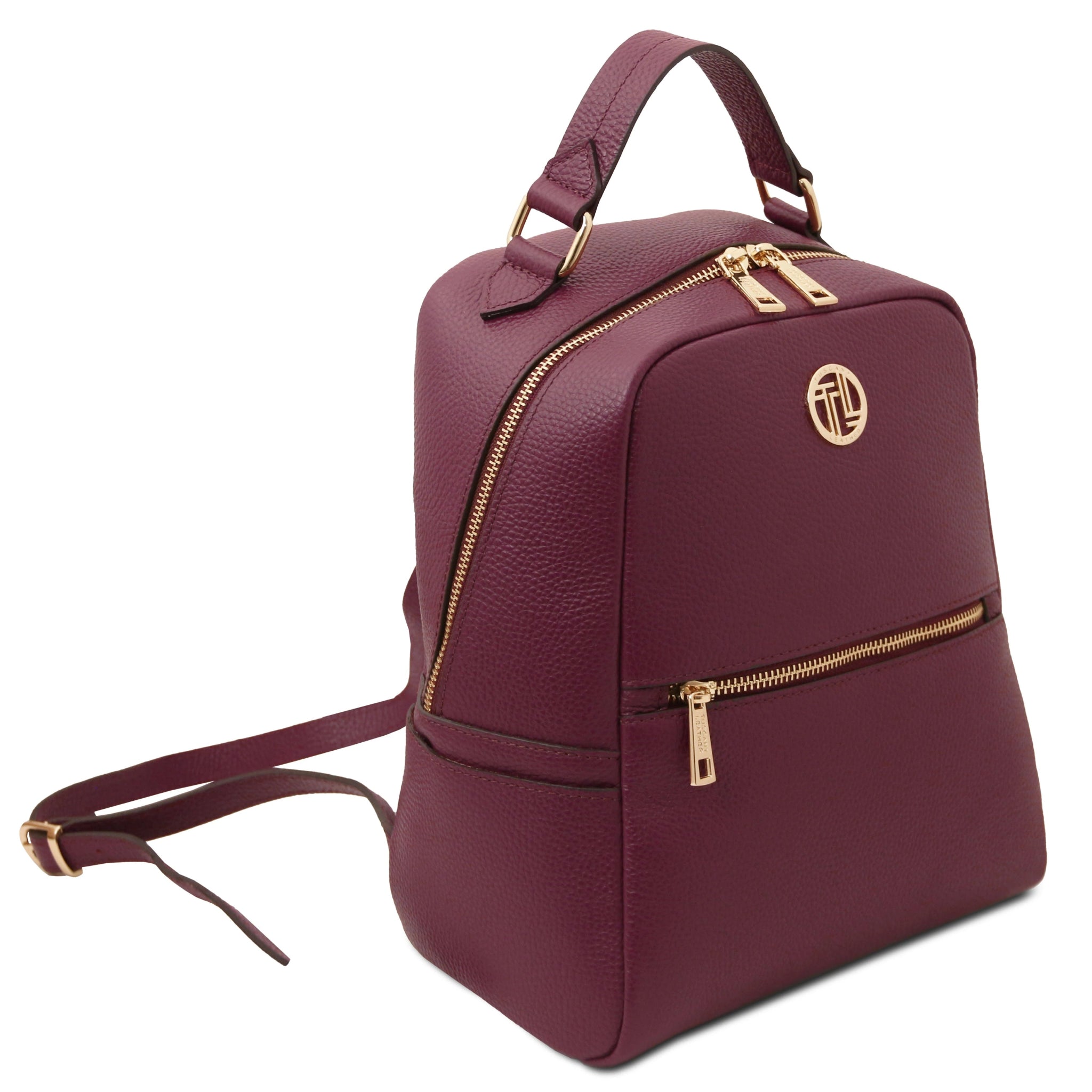 Front angled view Prisma Italian Soft Leather Backpack in bordeaux
