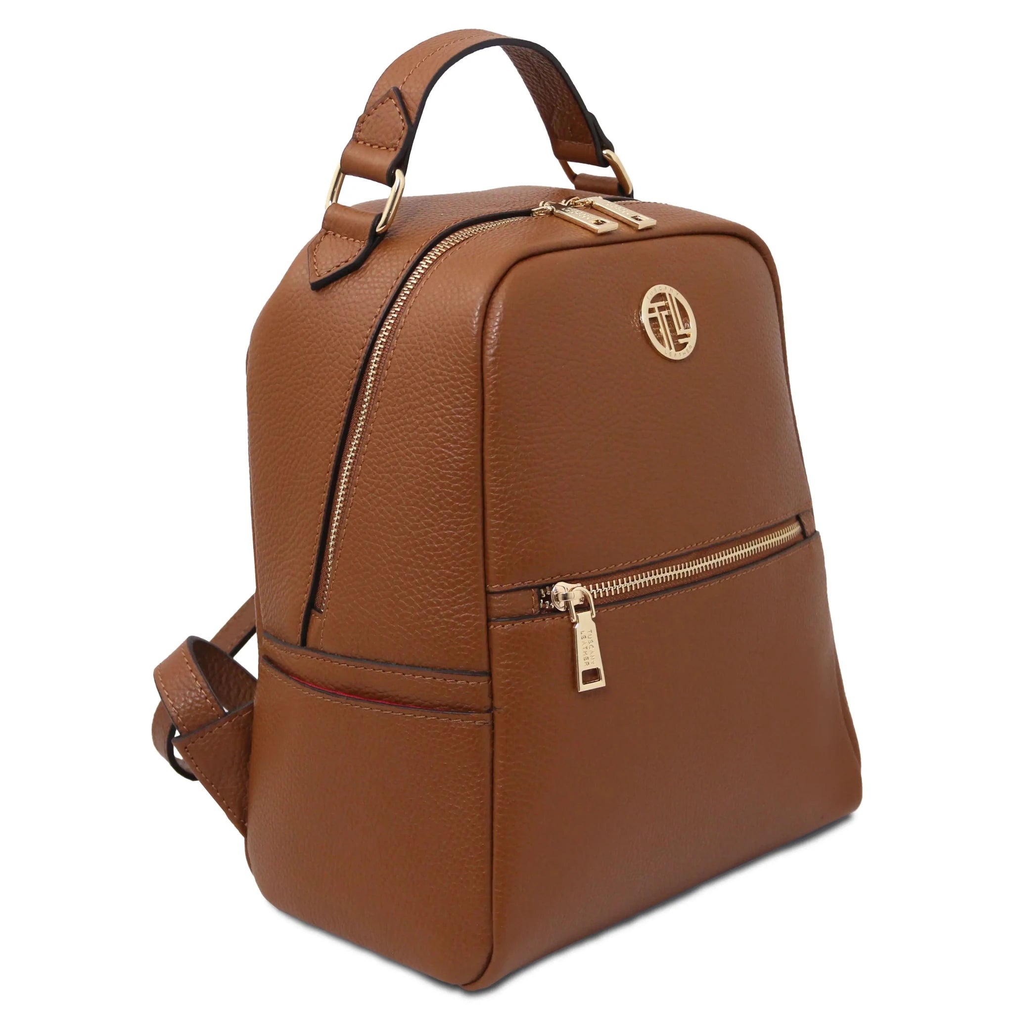 Front angled view Prisma Italian Soft Leather Backpack in cognac