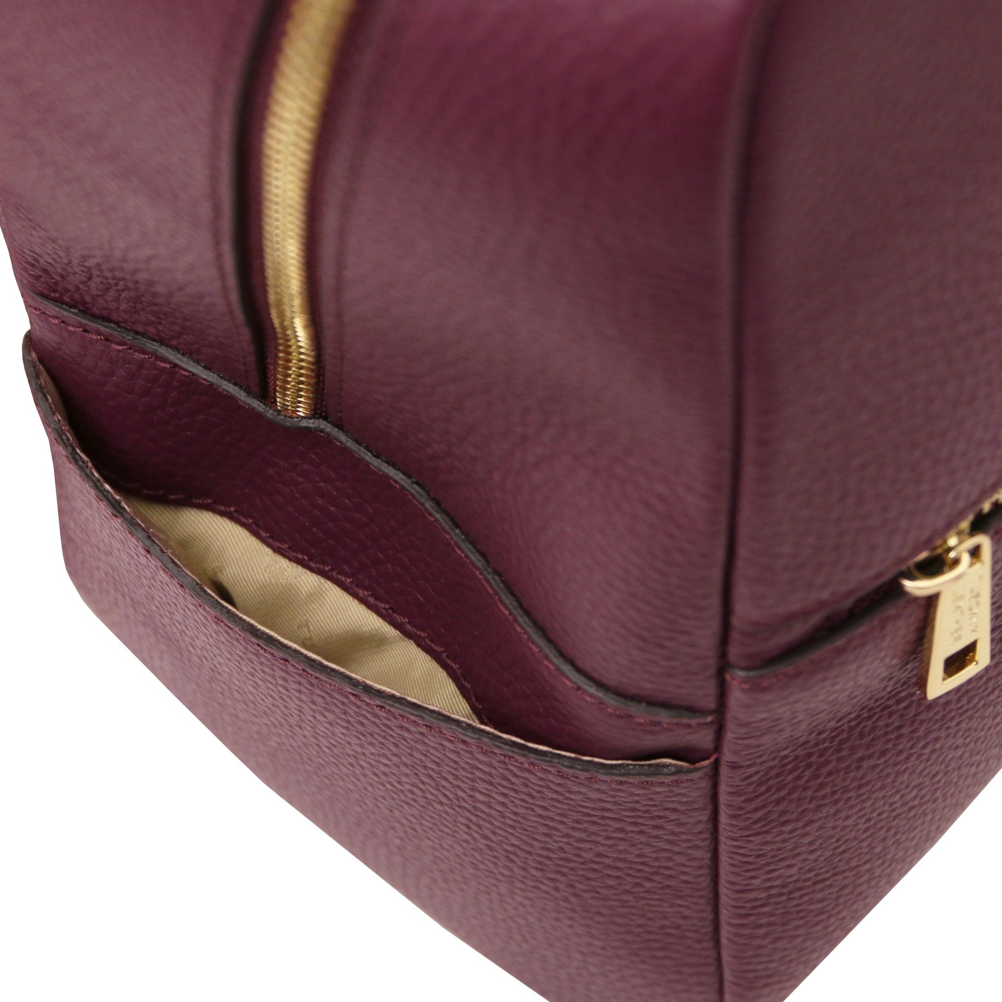 Exterior side open pocket view Prisma Italian Soft Leather Backpack in Bordeaux