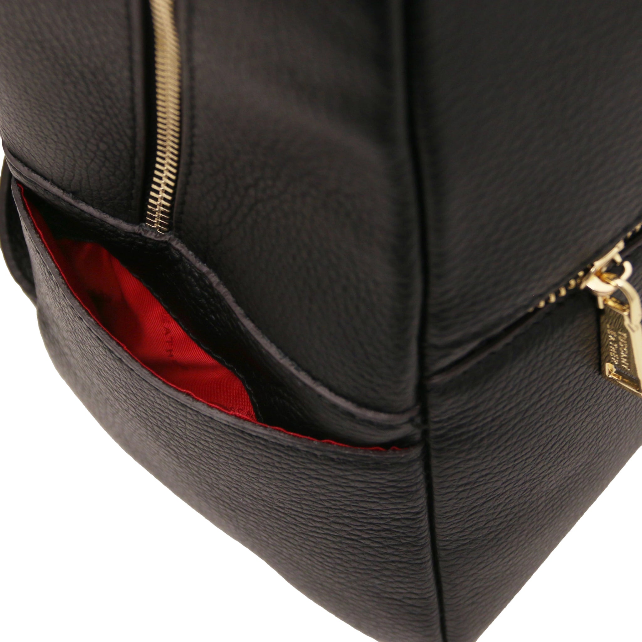 Exterior side open pocket view Prisma Italian Soft Leather Backpack in black