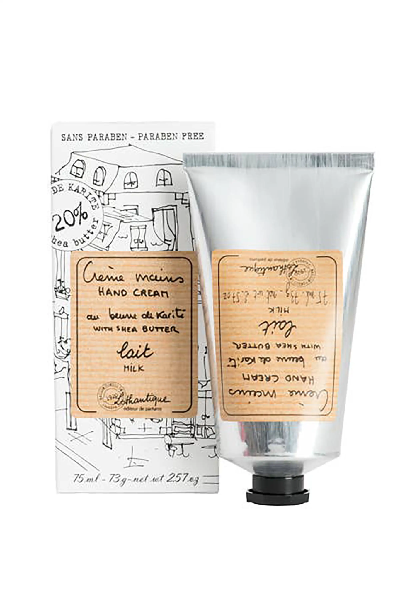 Provence  Milk Hand Cream with silver tube and script covered box on white background