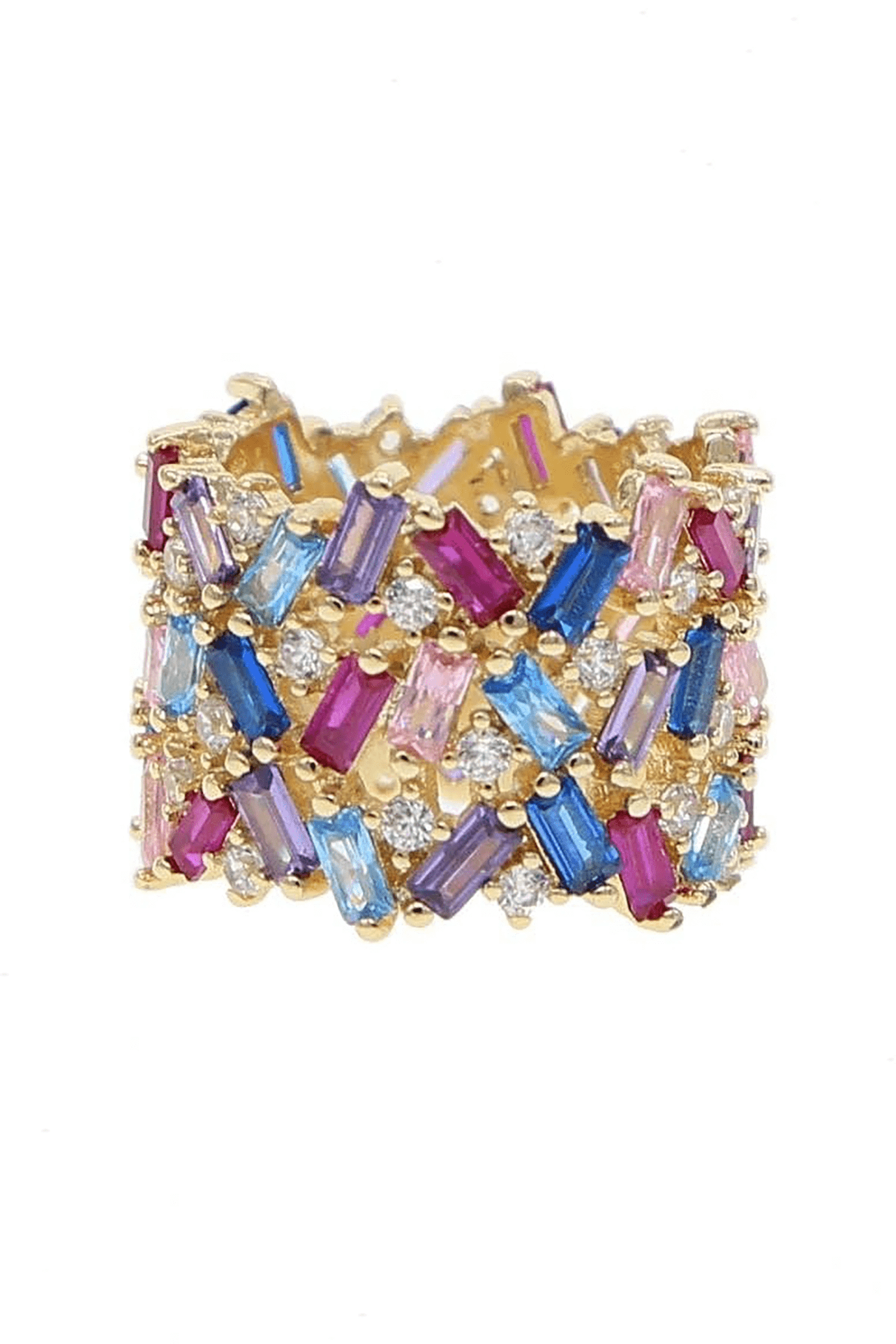 Rainbow Baguette Cubic Zirconia Gold Ring on a white background 