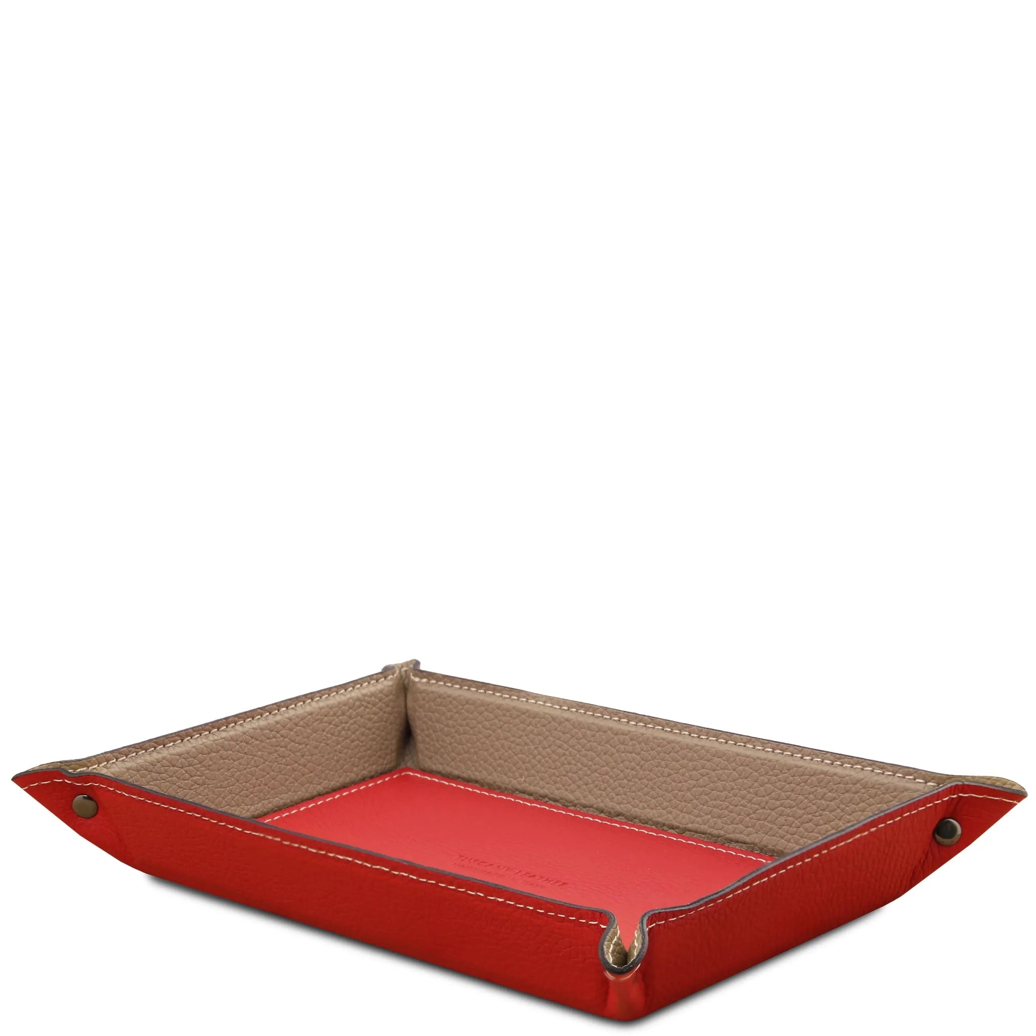 Side view red Rectangular Italian Leather Valet Tray with interior light taupe sides