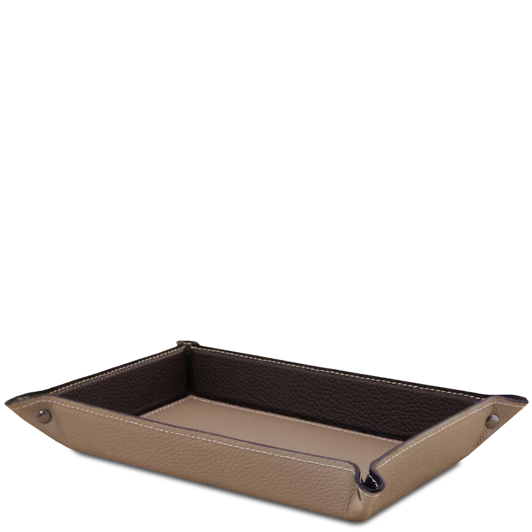 Side view light taupe Rectangular Italian Leather Valet Tray with interior black sides