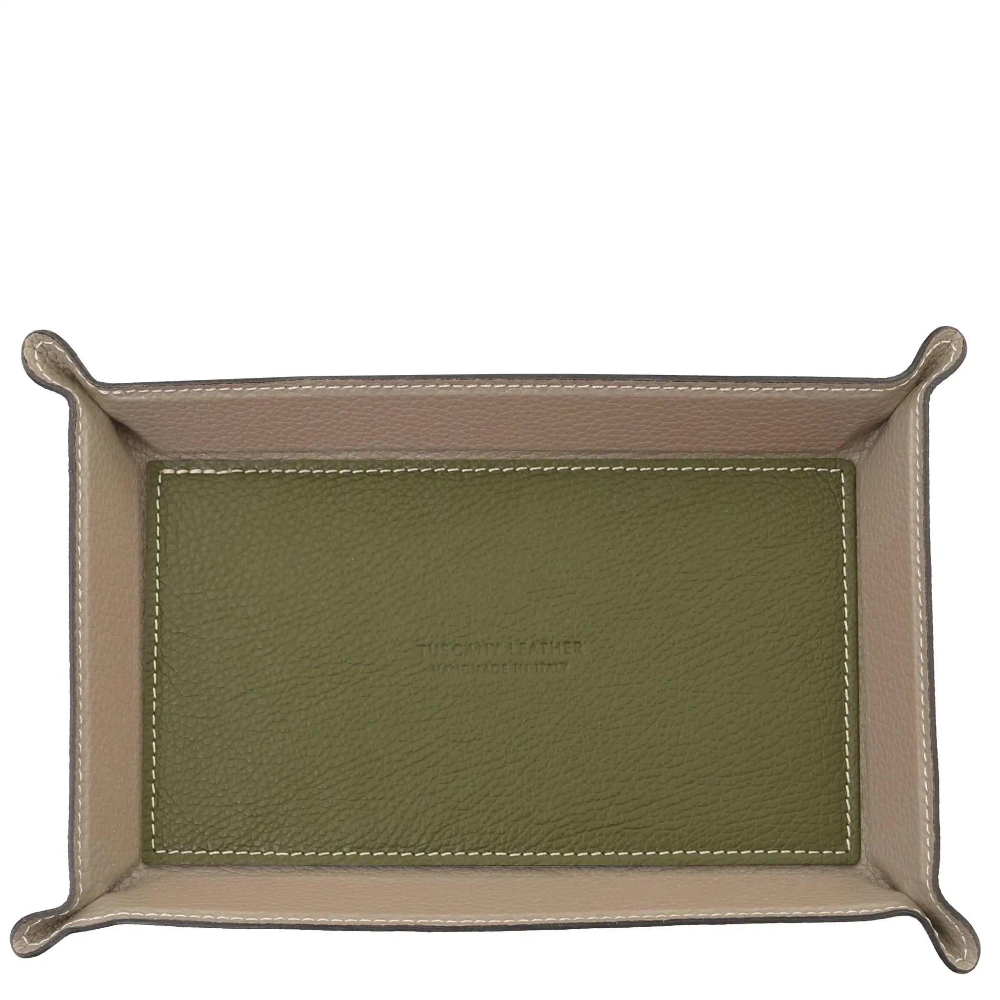 Top view olive Rectangular Italian Leather Valet Tray with interior light taupe sides