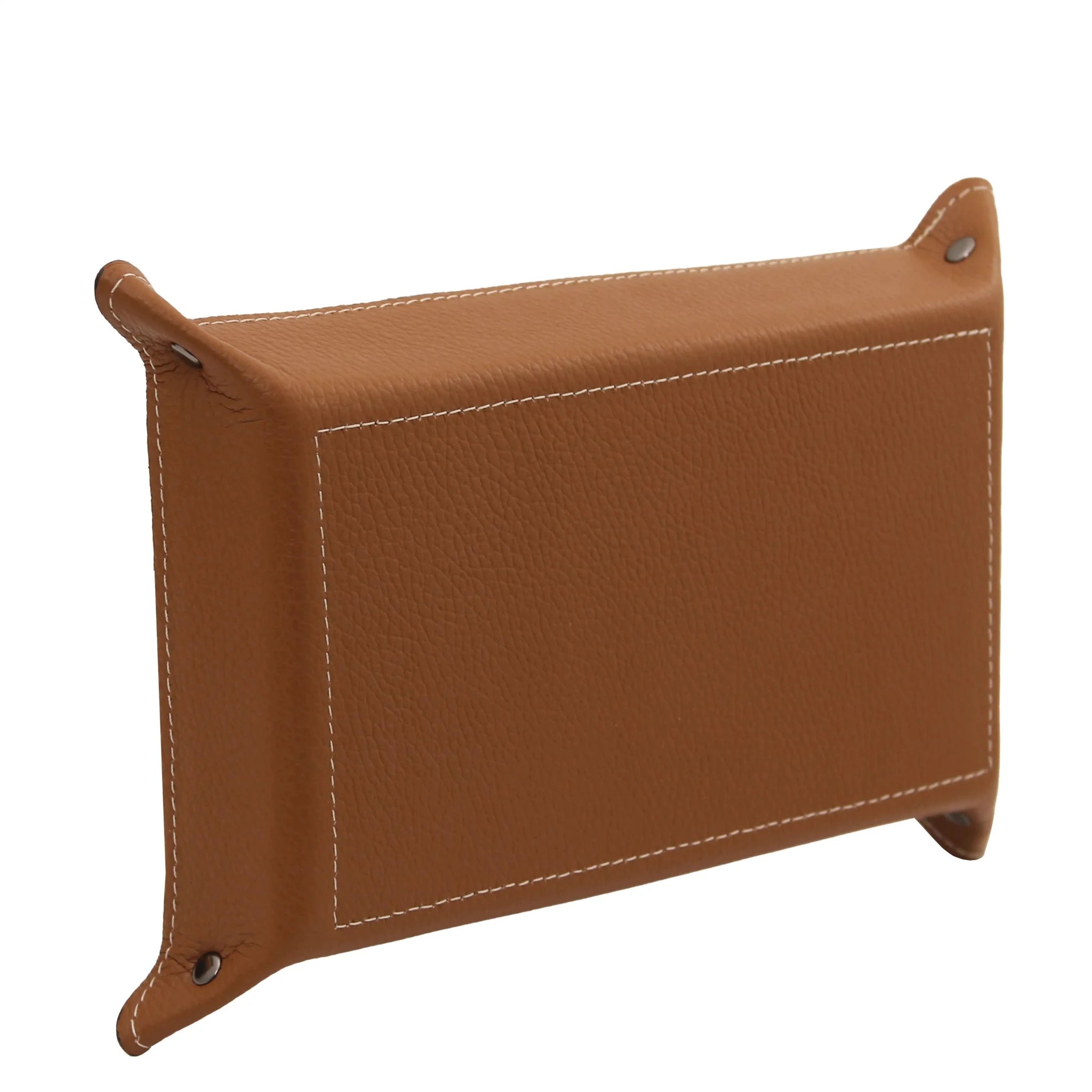 Bottom view cognac Rectangular Italian Leather Valet Tray with white stitching