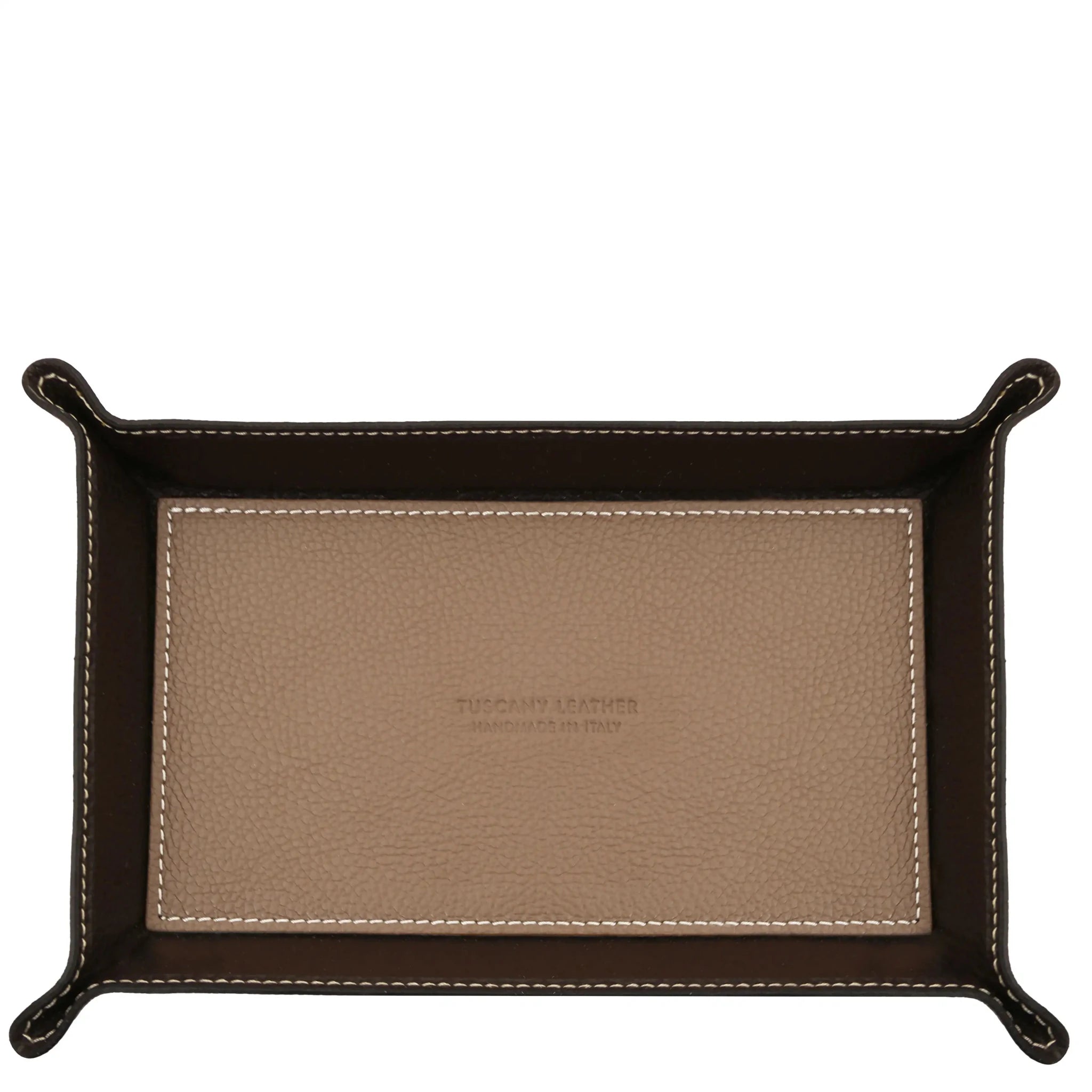 Top view light taupe Rectangular Italian Leather Valet Tray with interior black sides
