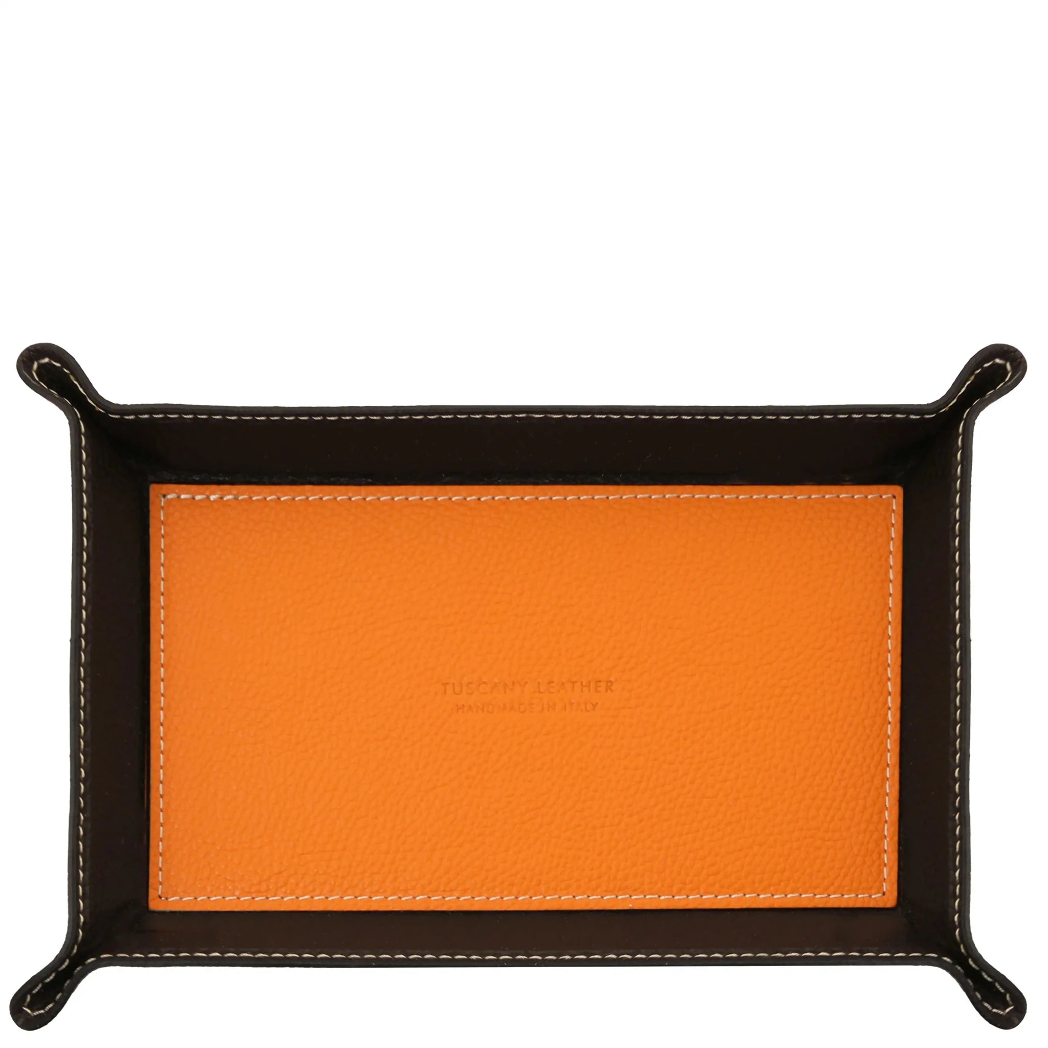 Top view orange Rectangular Italian Leather Valet Tray with interior black sides