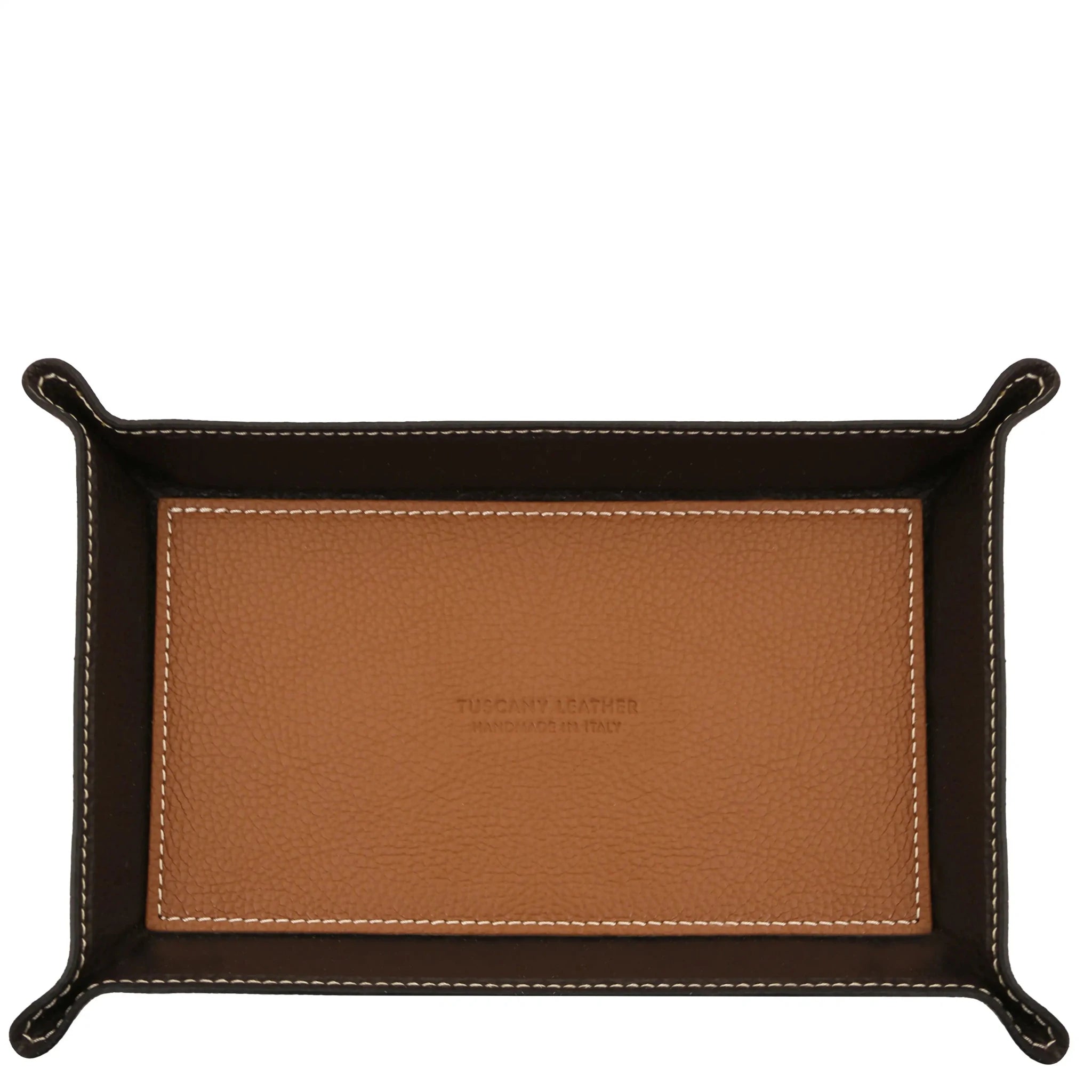 Top view cognac Rectangular Italian Leather Valet Tray with interior black sides