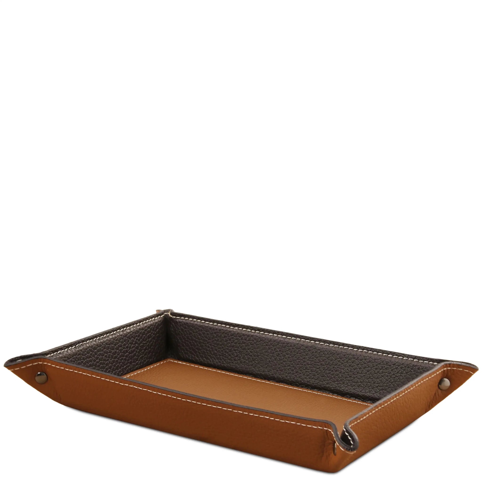 Side view cognac Rectangular Italian Leather Valet Tray with interior black sides