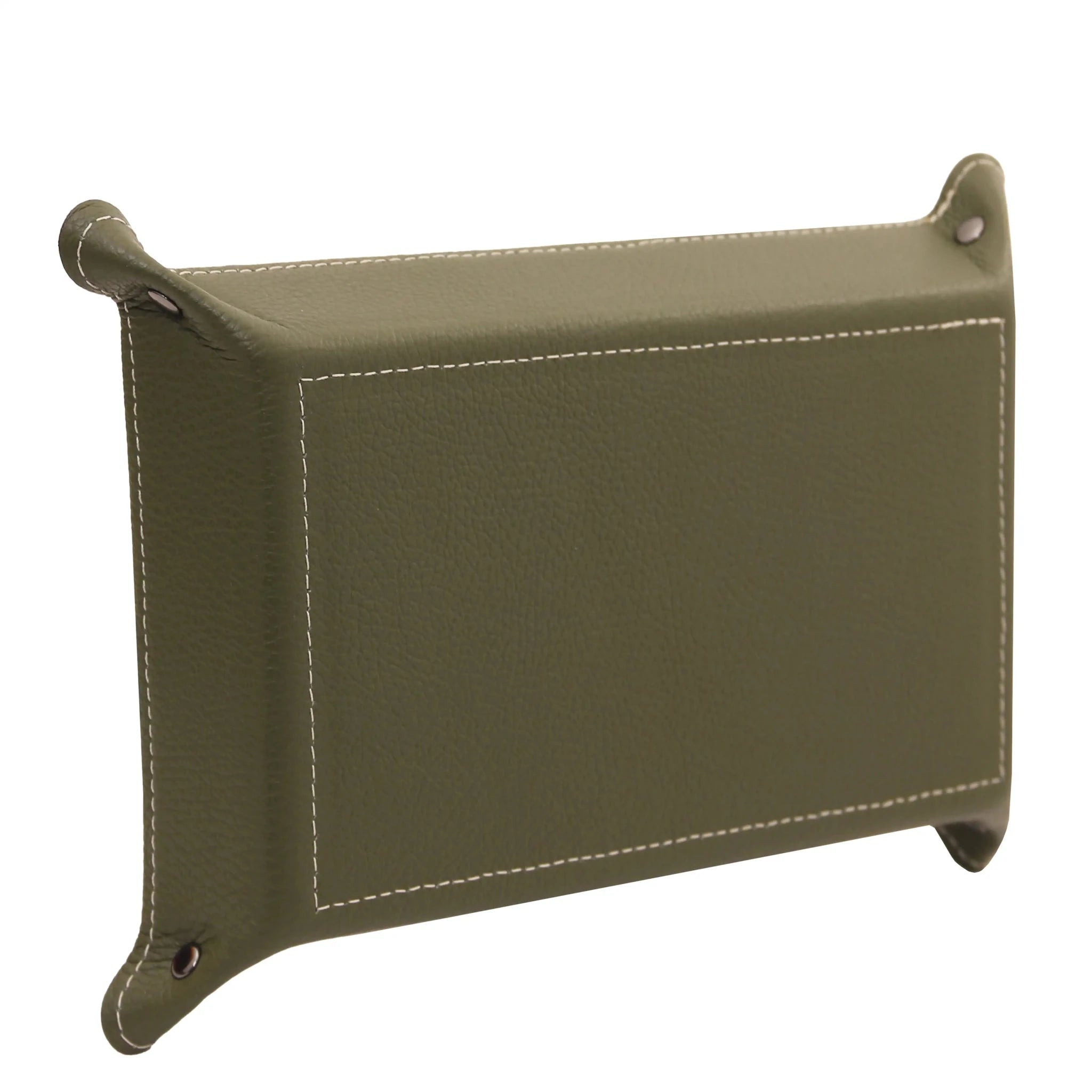 Bottom view olive Rectangular Italian Leather Valet Tray with white stitching