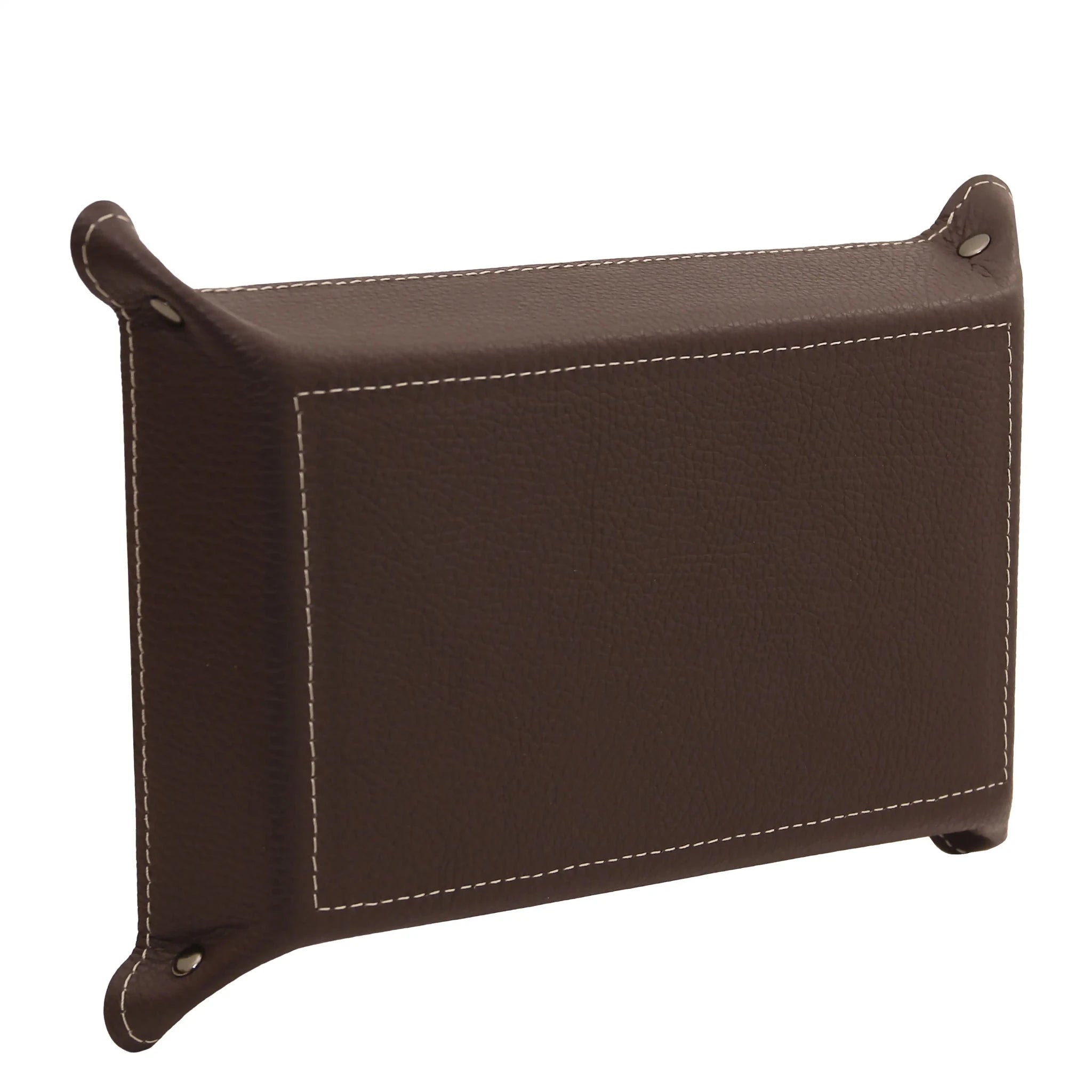 Bottom view dark brown Rectangular Italian Leather Valet Tray with white stitching