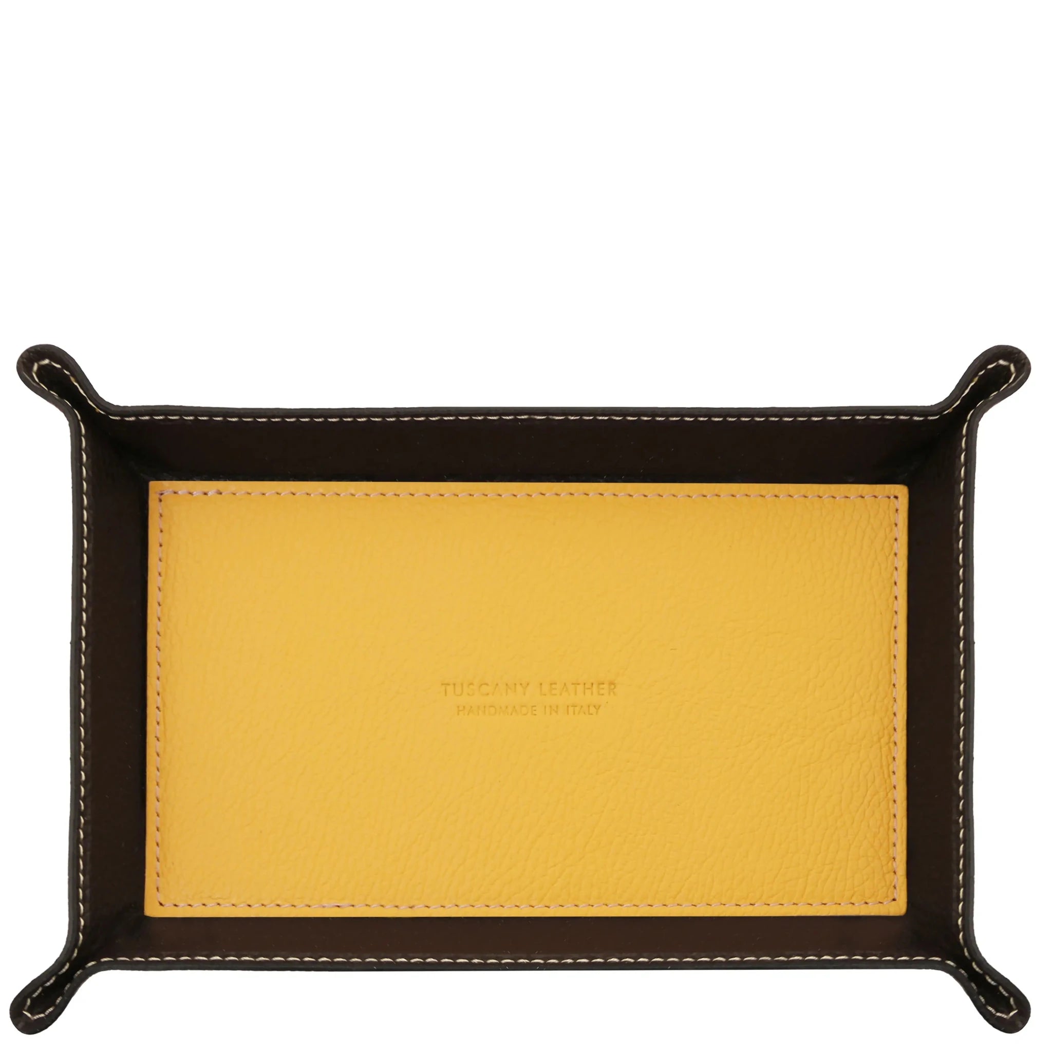 Top view yellow Rectangular Italian Leather Valet Tray with interior black sides