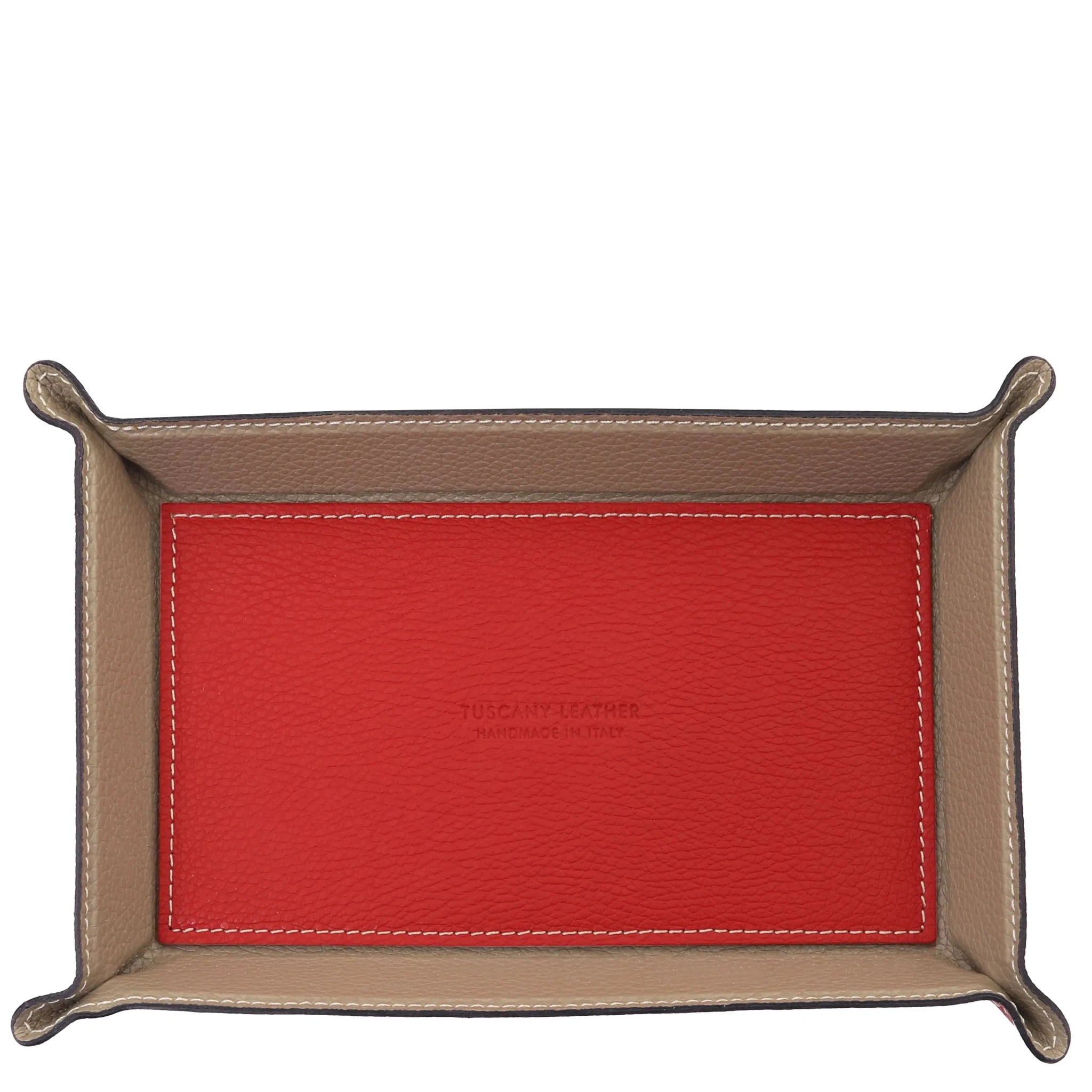 Top view red Rectangular Italian Leather Valet Tray with interior light taupe sides