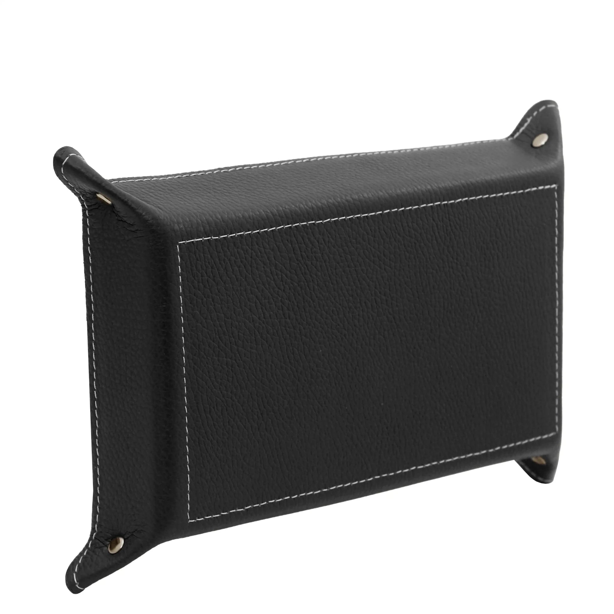 Bottom view black Rectangular Italian Leather Valet Tray with white stitching