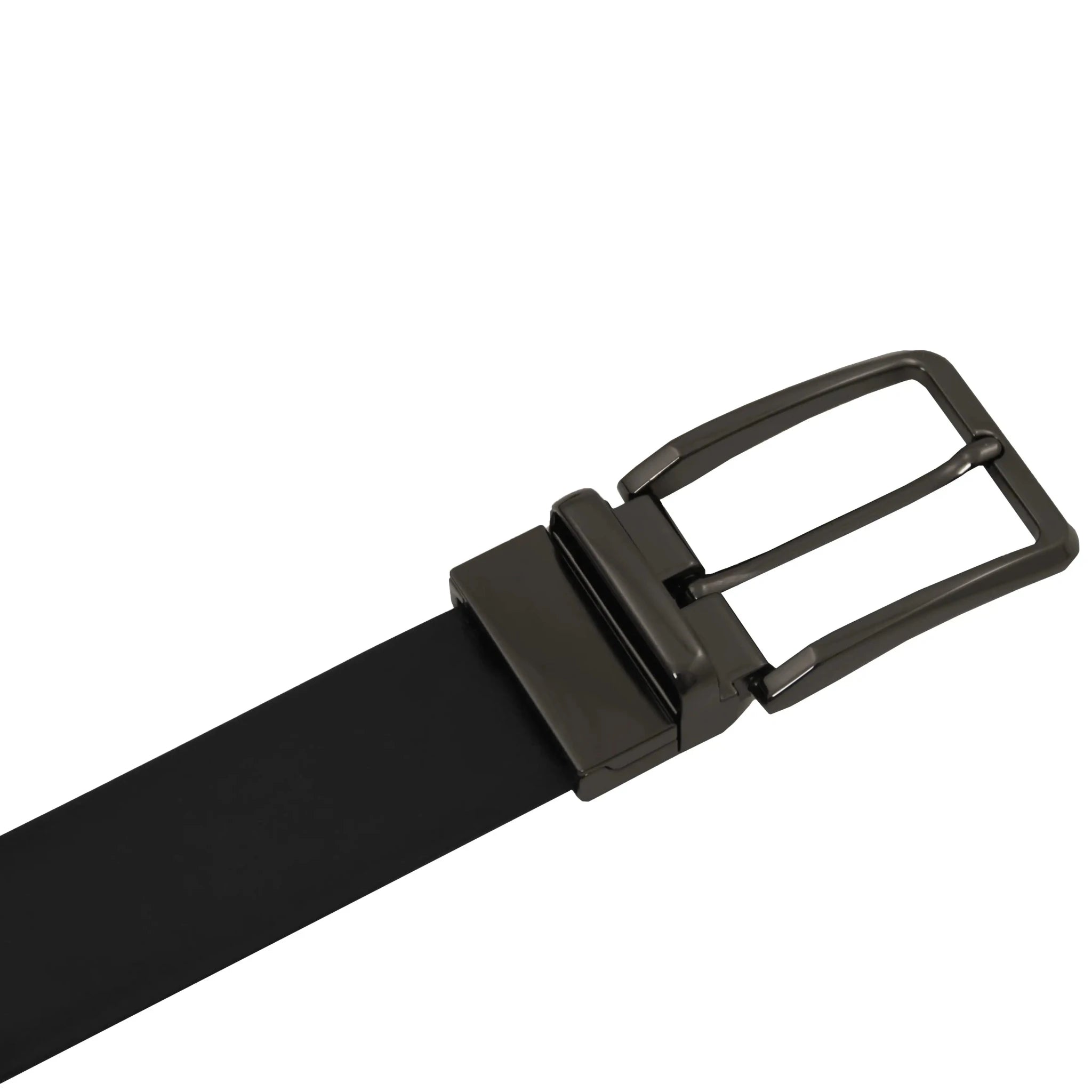Black side closeup Reversible  Leather Belt with gunmetal buckle