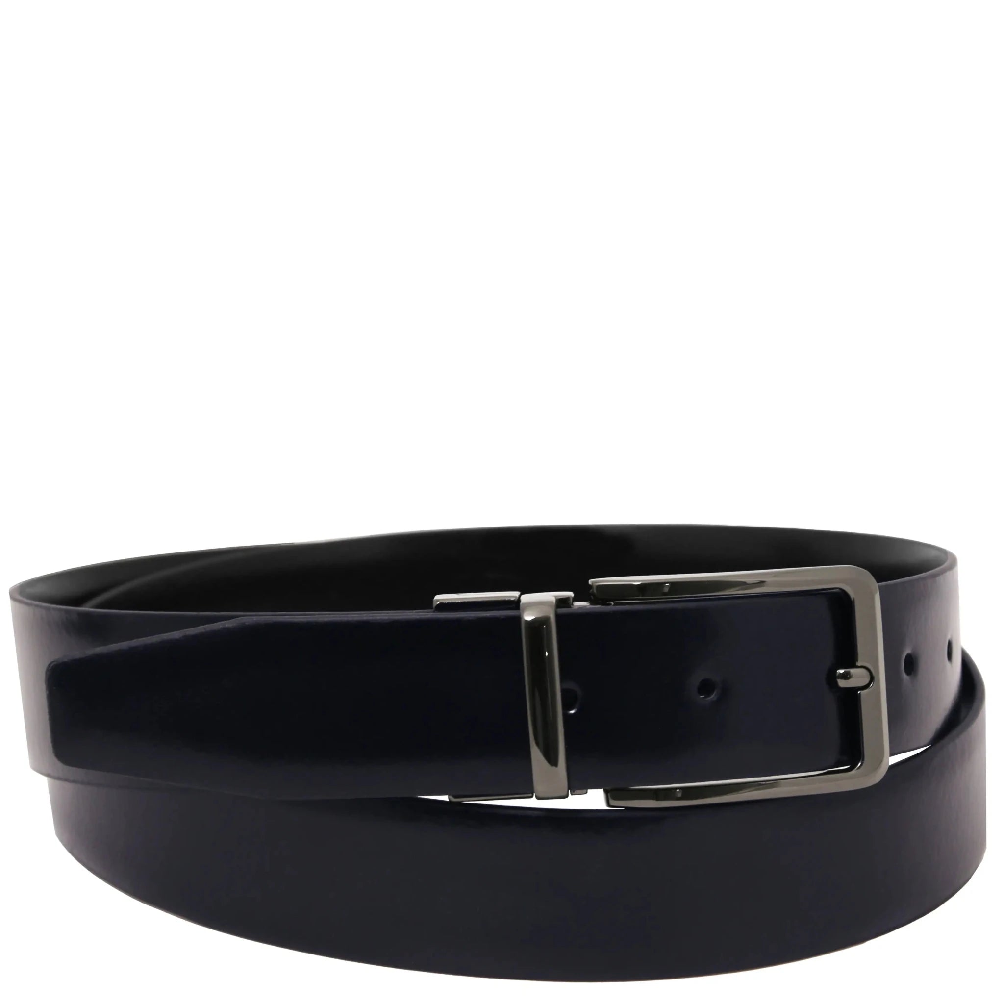 Dark Blue black reverse side belt with a gunmetal buckle on a white background