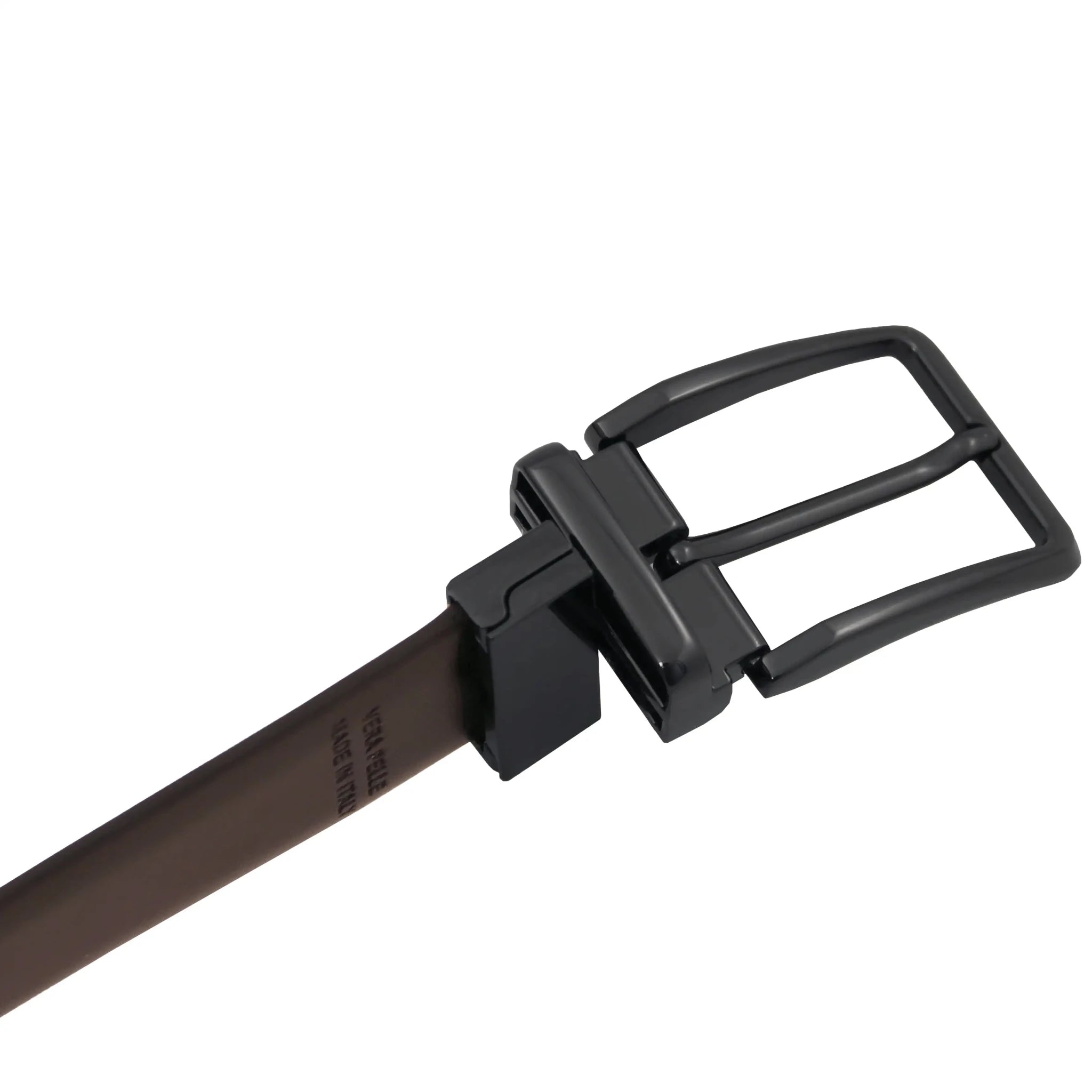 Closeup pivoting buckle for Reversible Brushed Box Leather Belt brown side