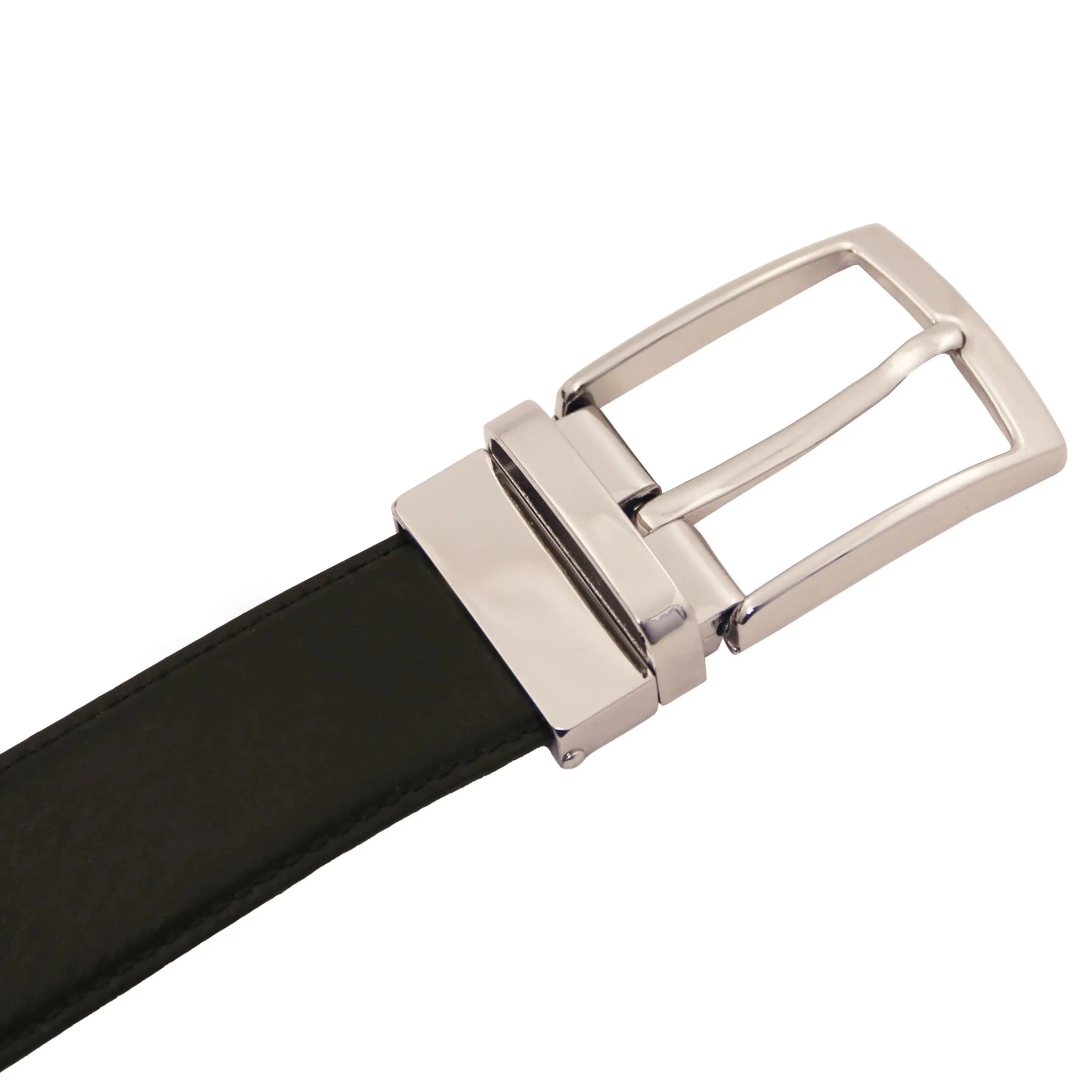 Italian Leather Belt Silver Buckle Close-Up – Black side view